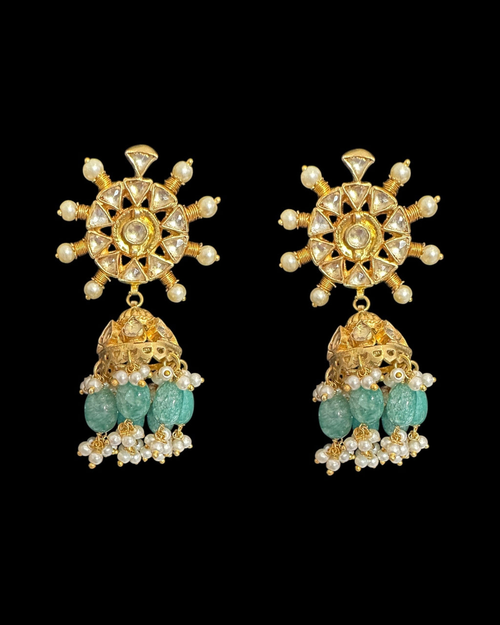 DER812 Pachi kundan jhumka with green beads  (READY TO SHIP )
