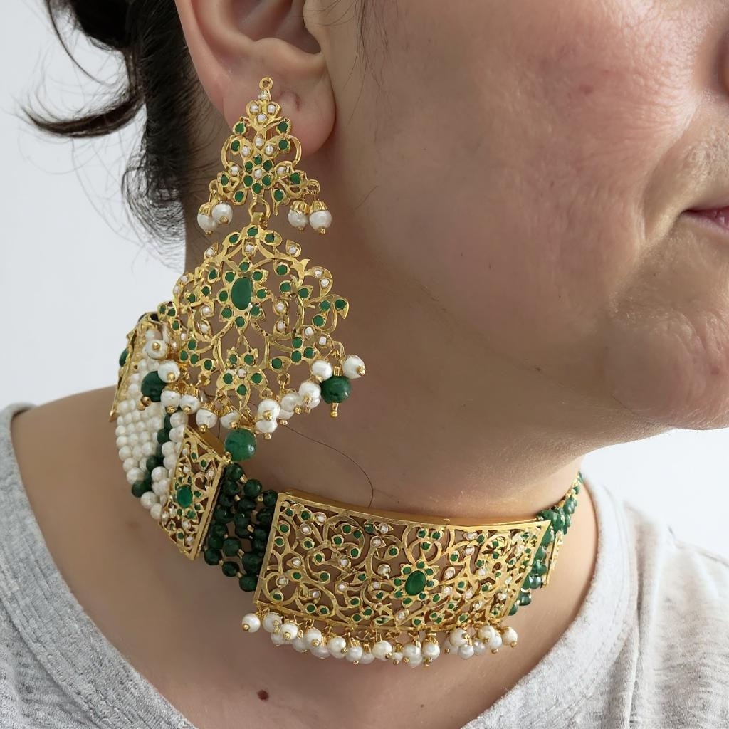 C568 Gold plated jadau choker in emerald pearls ( READY TO SHIP )