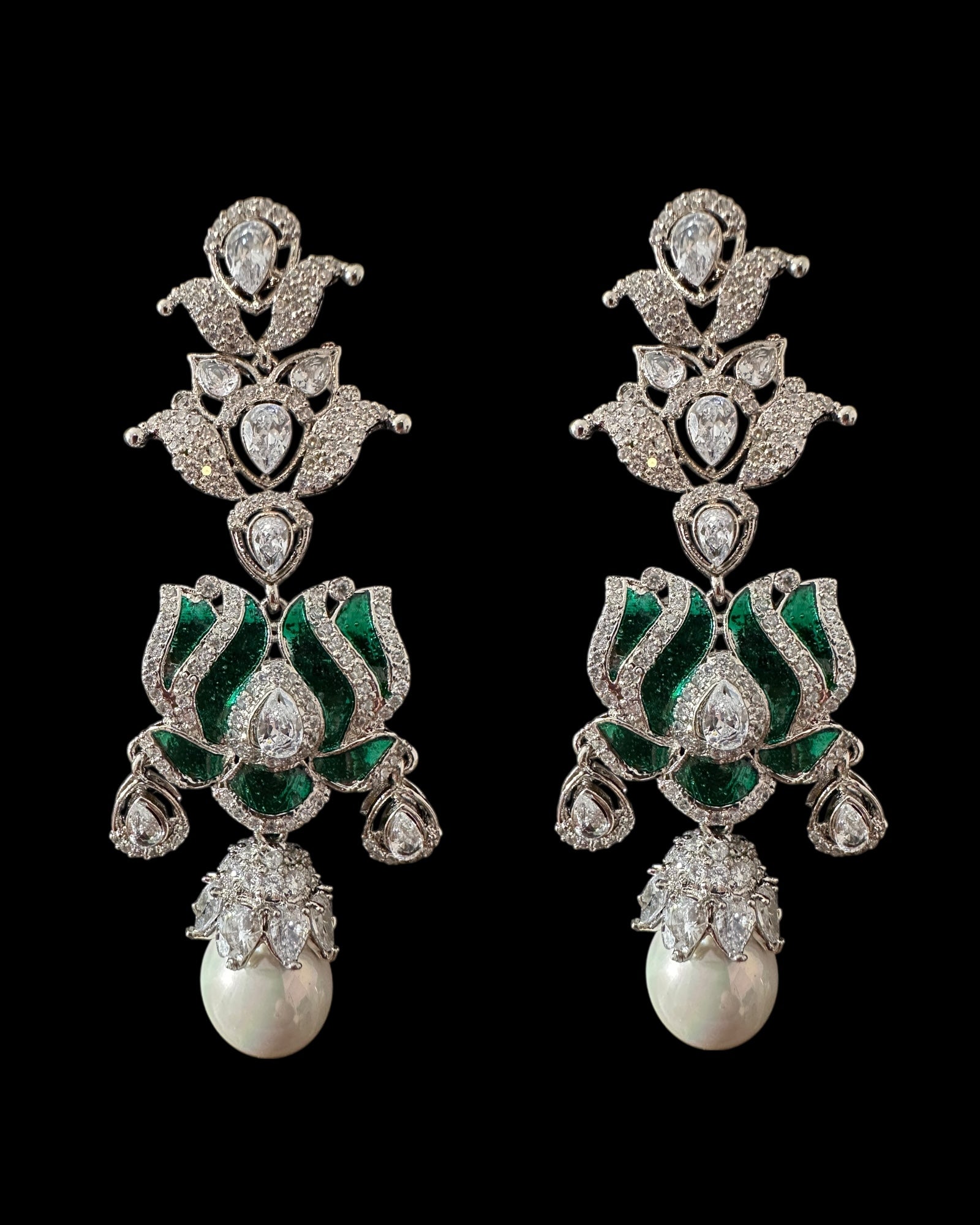 DER811 Lotus Cz earrings -Green  ( READY TO SHIP )