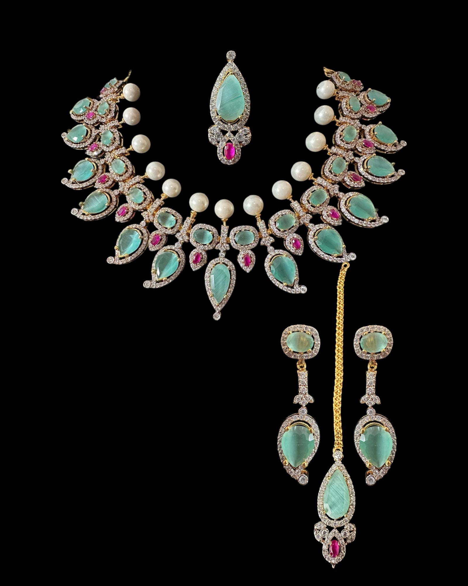 BR461  Anmol necklace set in Mint , rubies and pearls ( SHIPS IN 5 WEEKS)