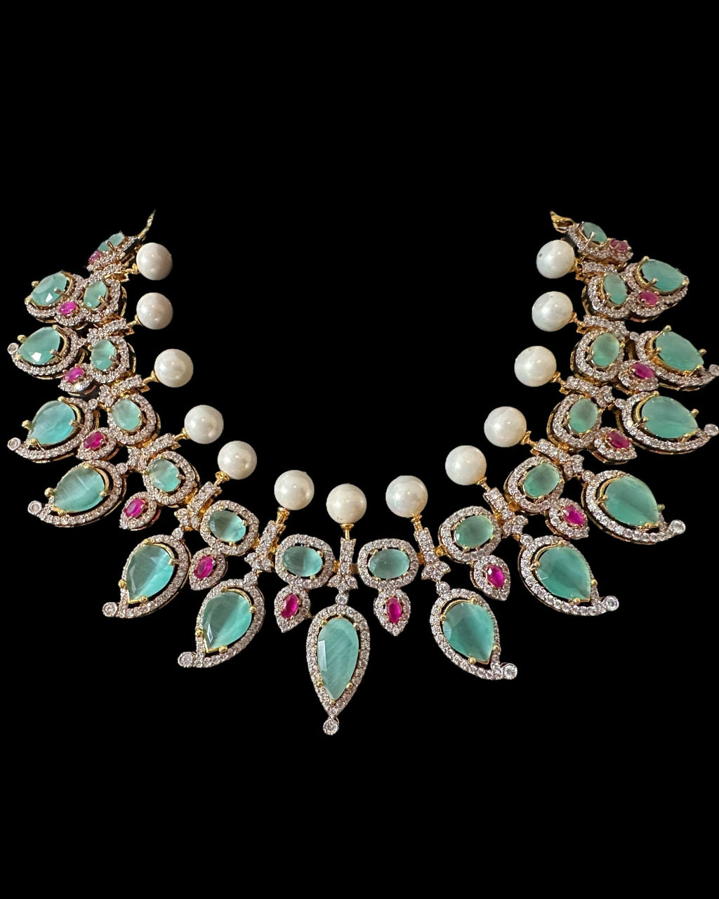 BR461  Anmol necklace set in Mint , rubies and pearls ( SHIPS IN 5 WEEKS)