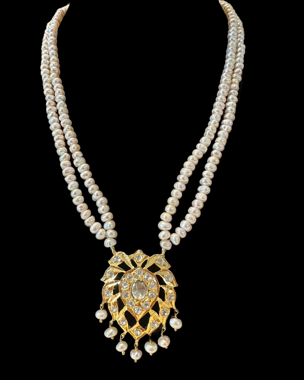 PS564 Aurora gold plated pendant set in moissanite and fresh water pearls ( READY TO SHIP )
