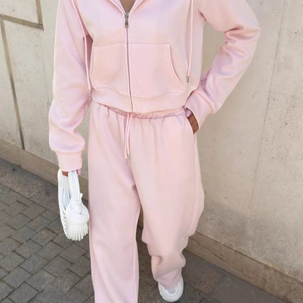 Zip Up Drawstring Hoodie and Pants Set