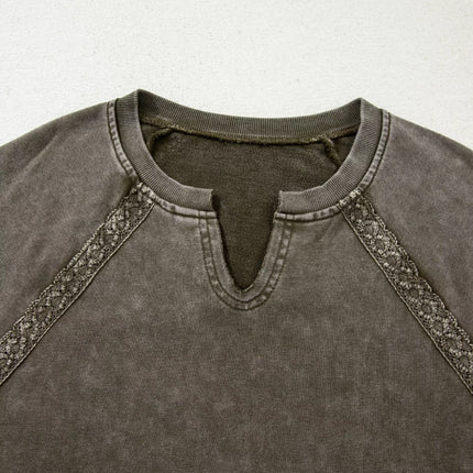 Lace Patchwork Detail Notched Mineral Wash Sweatshirt