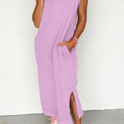 Side Split Round Neck Cap Sleeve T-Shirt Dress