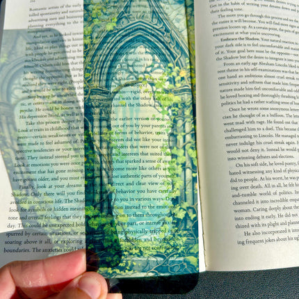 Gothic Arch Fantasy Ruins Bookmark – Transparent Book Accessory with Overgrown Ivy, Ancient Stonework and Mystical Castle View