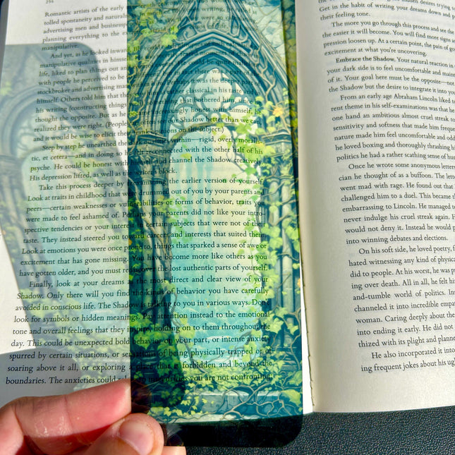 Gothic Arch Fantasy Ruins Bookmark – Transparent Book Accessory with Overgrown Ivy, Ancient Stonework and Mystical Castle View