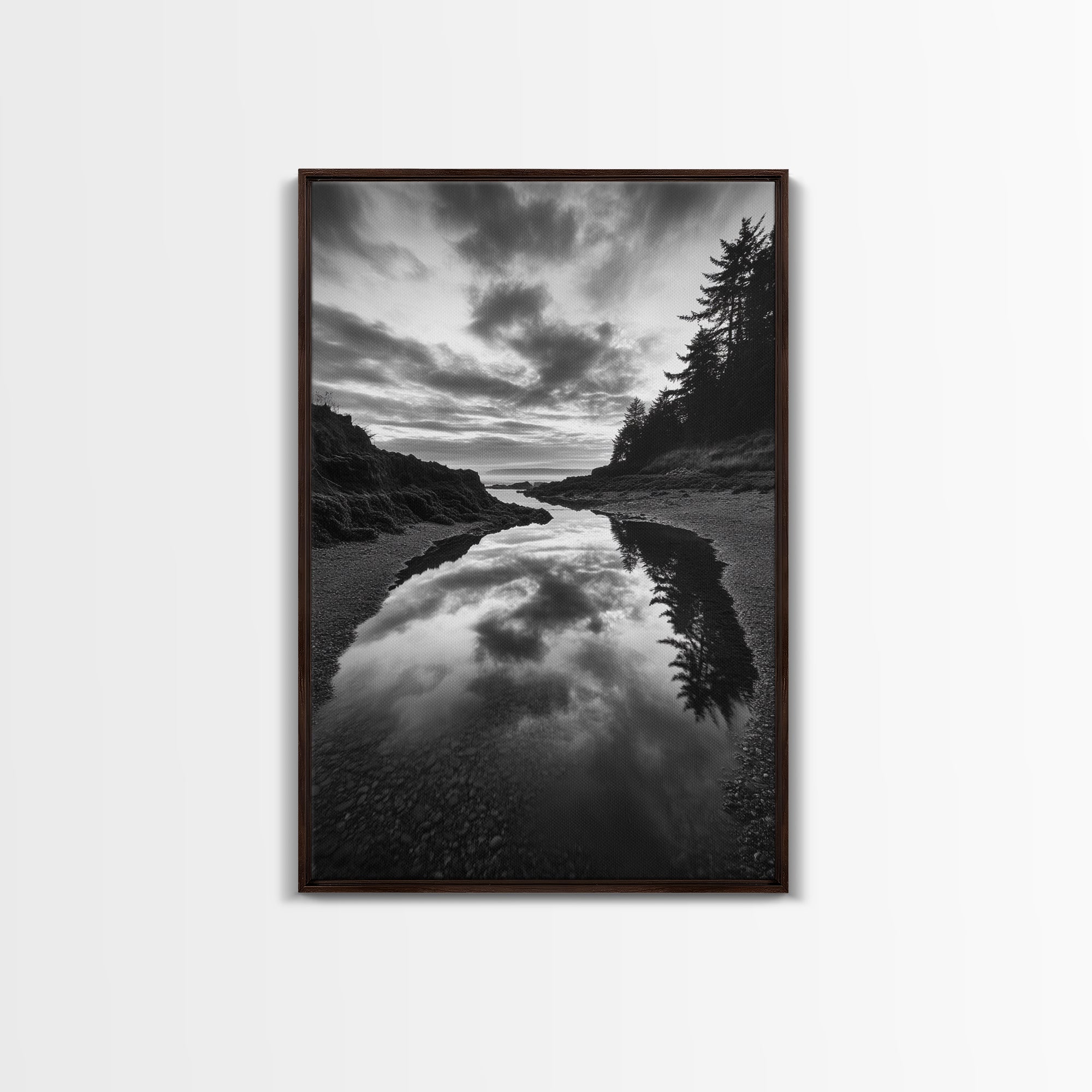 Reflective Tide Pool, Dramatic Sky, Forest Silhouette, Black and White Seascape, Framed Canvas Print, Living Room Wall Art, Nature Boho Style