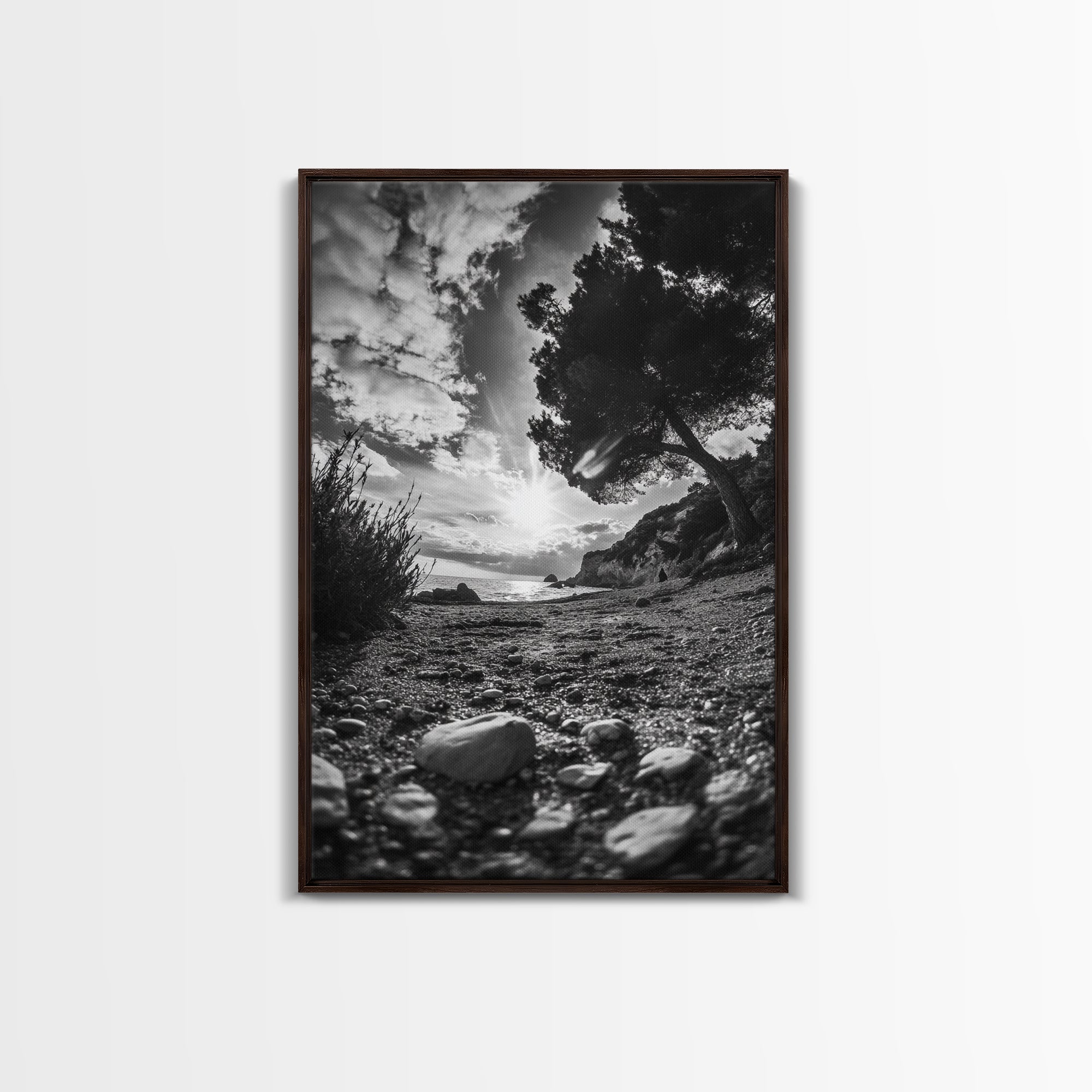 Sunset Beach View, Wide Angle Perspective, Nature Shoreline, Monochrome Landscape, Framed Canvas Print, Hallway Wall Art, Beach Decor