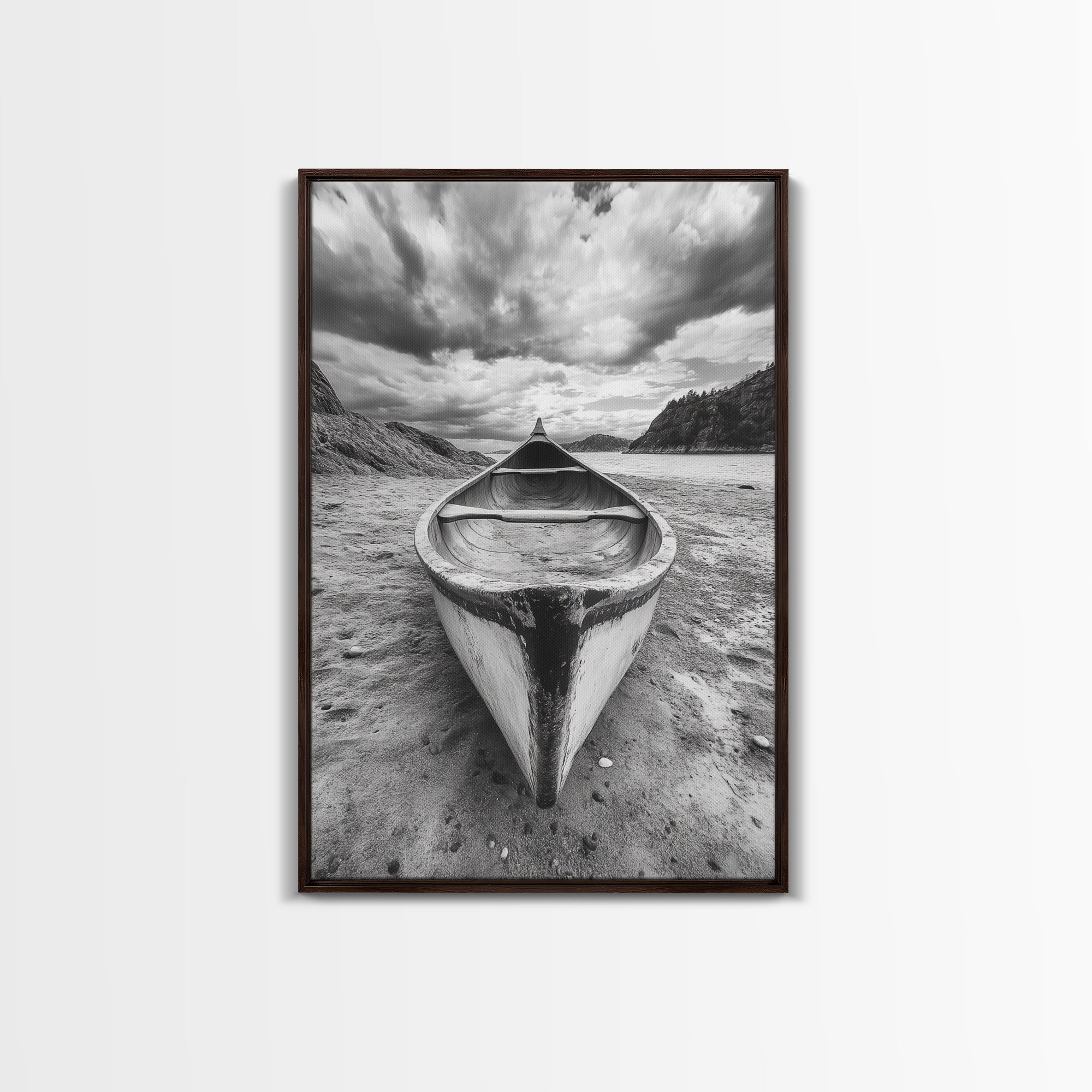 Canoe, Shoreline, Dramatic, Sky - canoe landscape Canvas Print, rustic wall art, entryway decor, nature photography, monochrome mountain