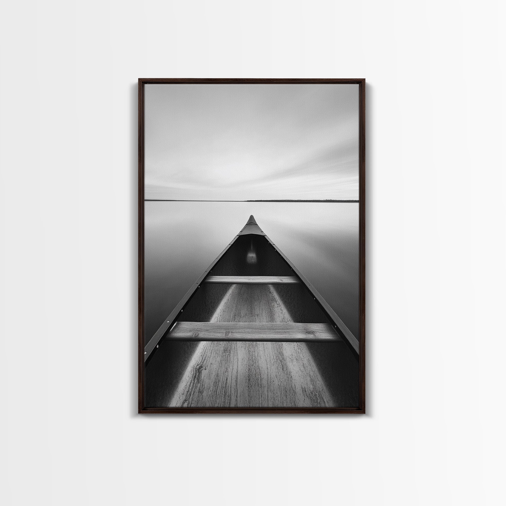 Canoe, Lake, Calm, Horizon - Minimalist lake paddle scene, Framed Canvas Print, peaceful home office art, Scandinavian decor, wilderness print