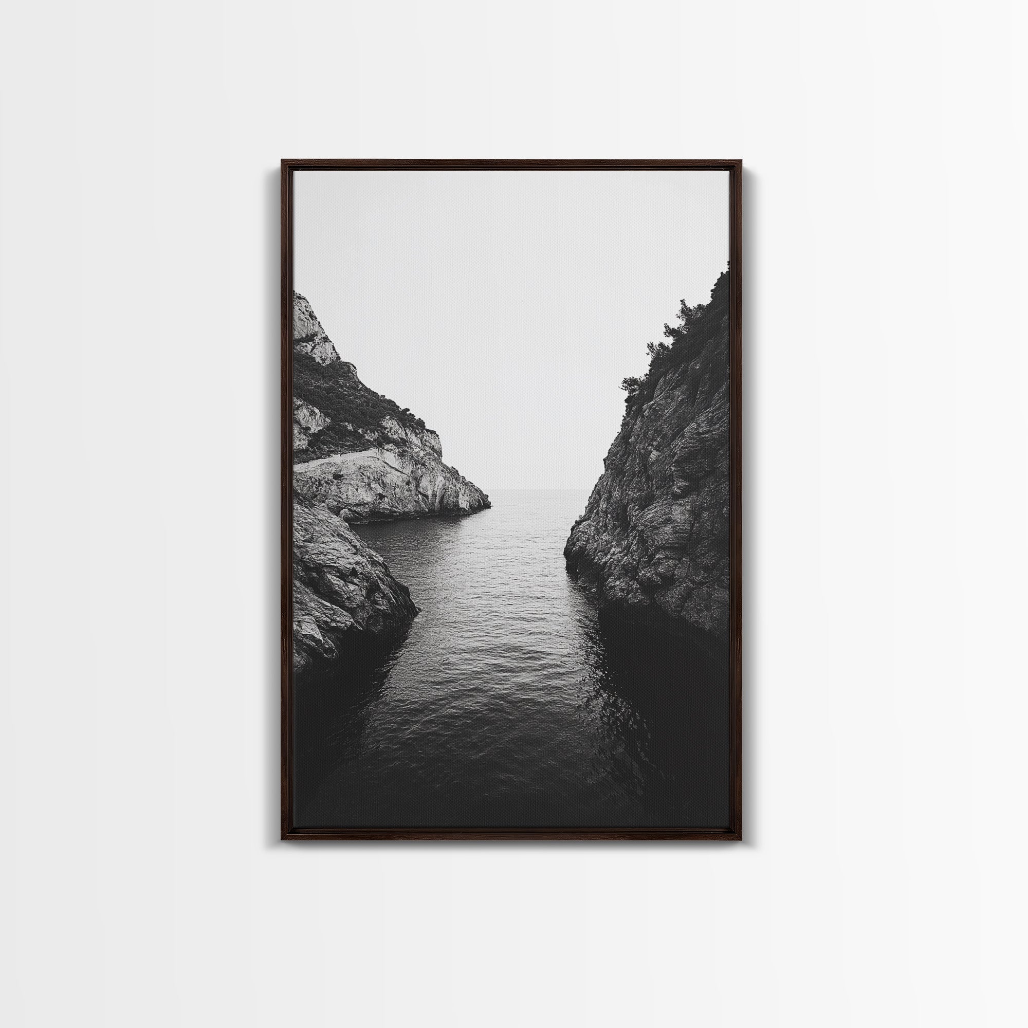 Cliffs, Ocean, Channel, Serenity - Dramatic rocky inlet view, Framed Canvas Print, ideal bathroom or hallway wall art, nature lover minimalist