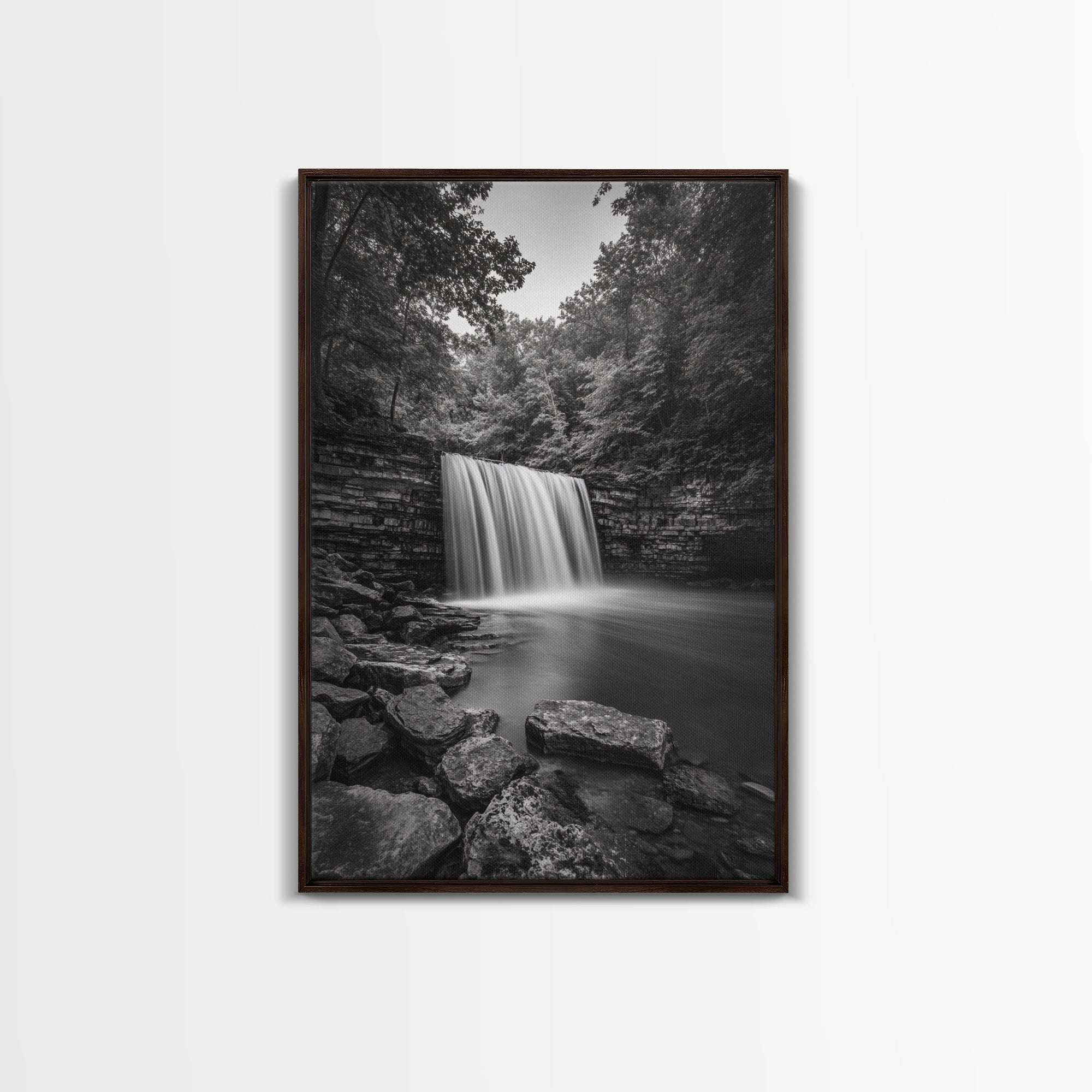 Waterfall Serenity, Nature Escape, River Rock Flow, Bedroom Wall Decor, Framed Canvas Print, Modern Rustic Forest Wall Art
