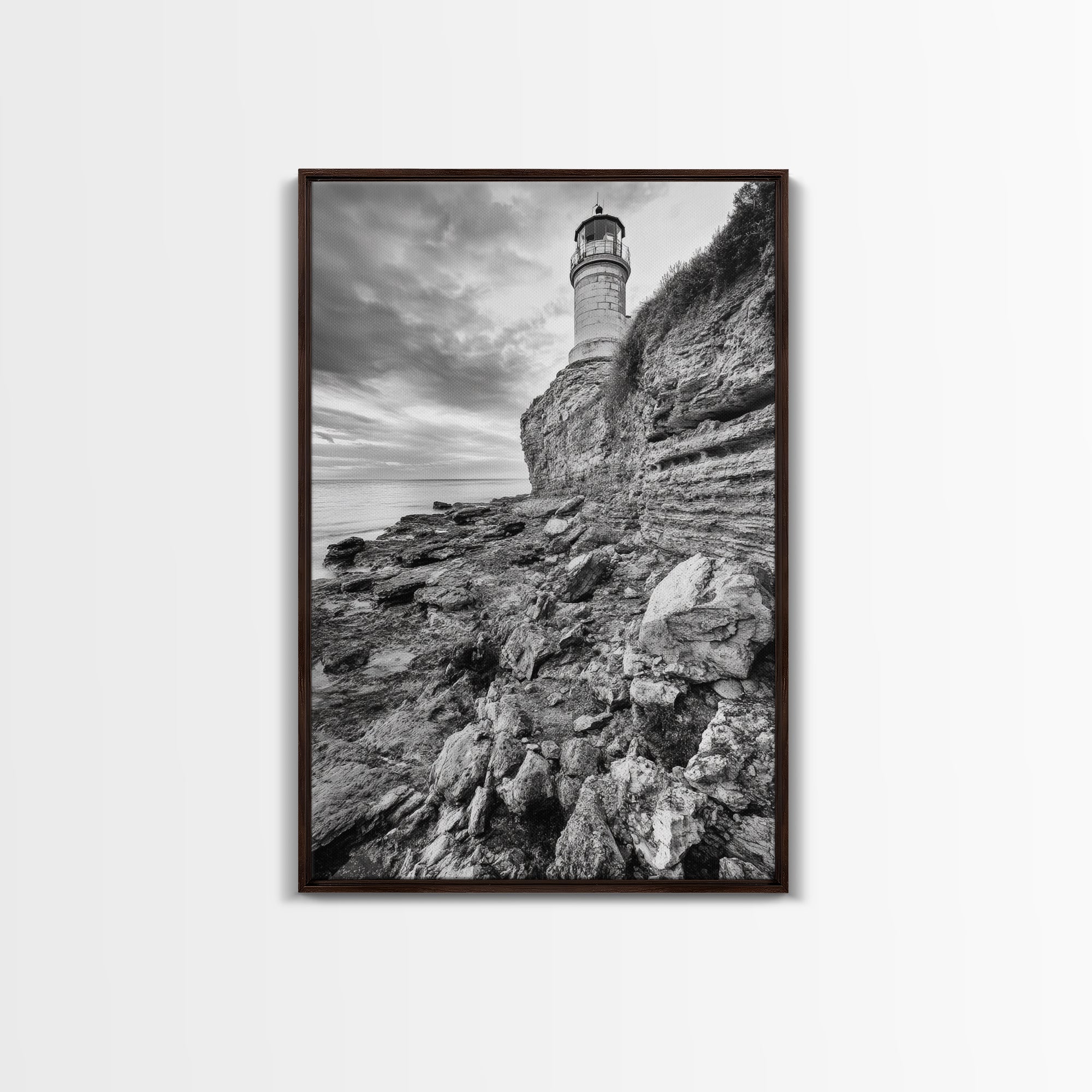 Lighthouse Beacon, Rocky Shoreline, Nautical Coastal Scene, Framed Canvas Print, Ocean View Art, Seaside Living Room Wall Decor