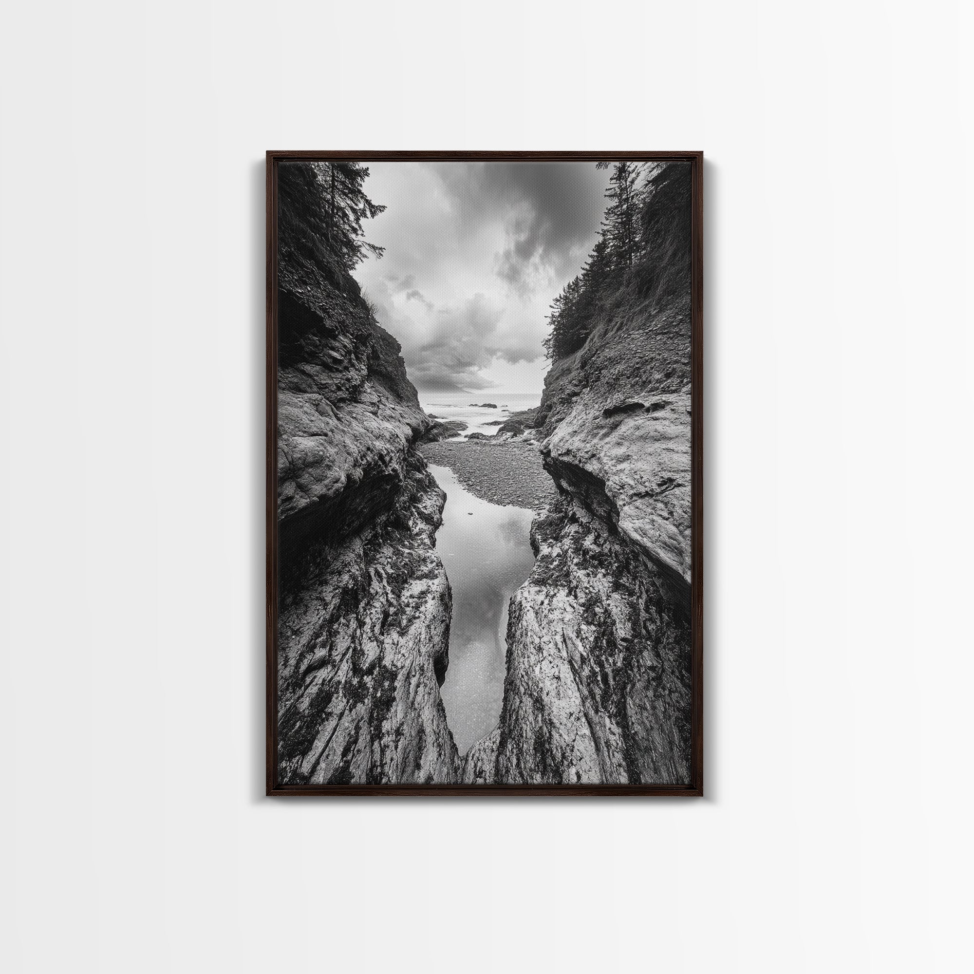 Ocean Ravine, Rugged Coastline, Pacific Wilderness, Stormy Seascape, Framed Canvas Print, Adventure Wall Art, Nature Home Decor