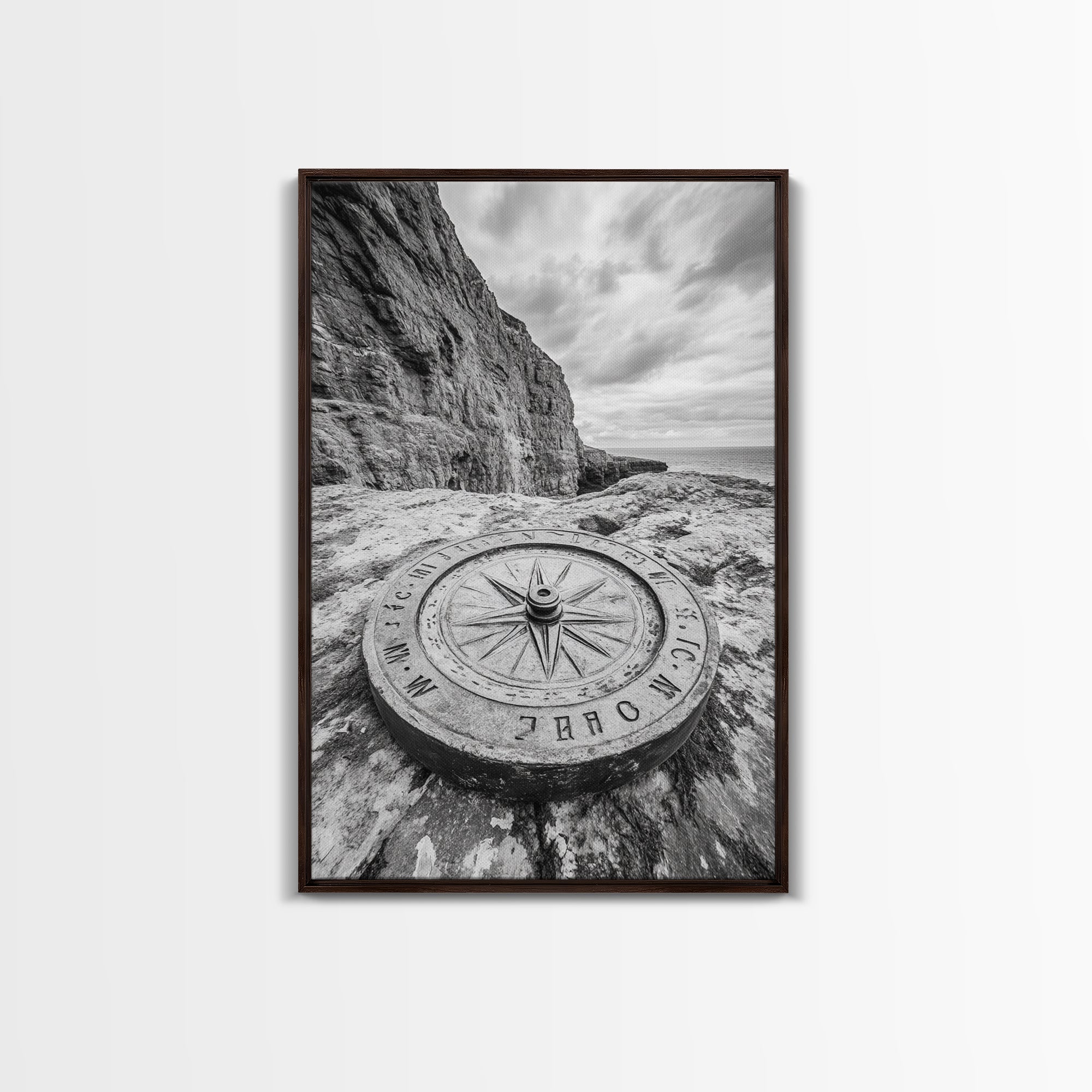 Compass On Cliff, Adventure Travel Art, Nautical Wall Decor, Framed Canvas Print, Rustic Office Art, Nature Explorer Gift Idea
