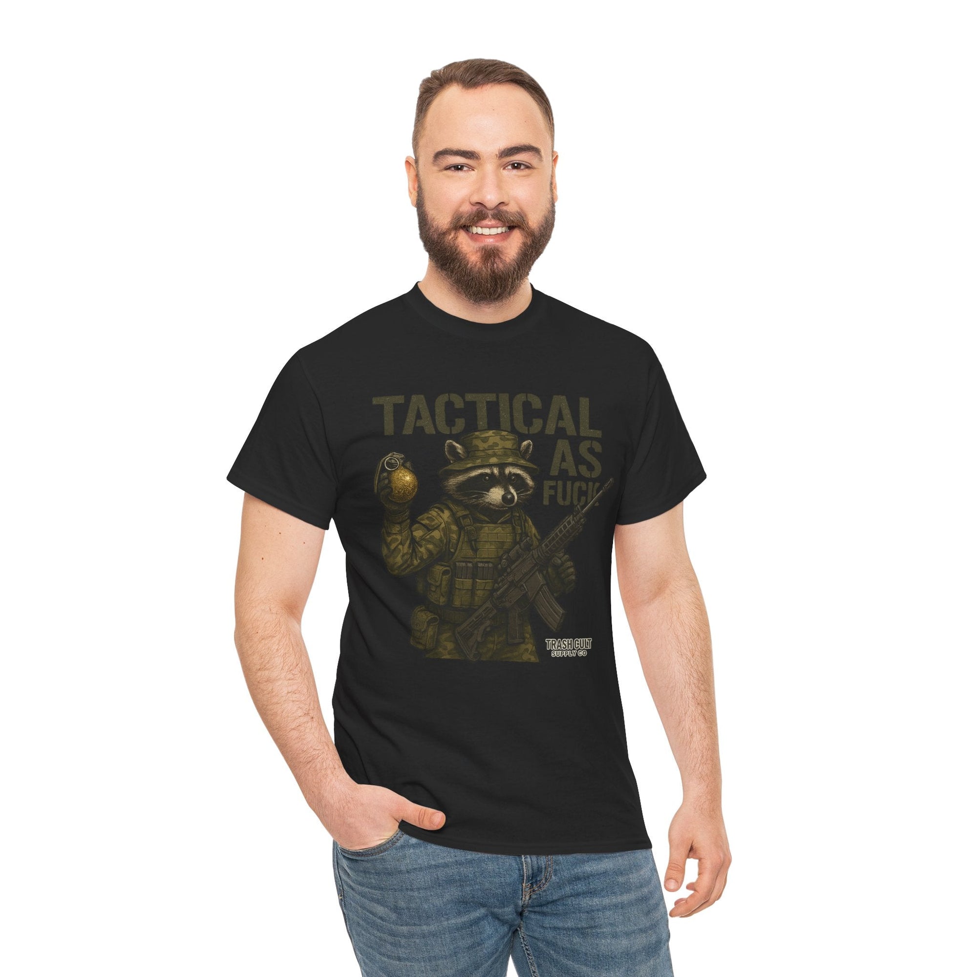 Tactical As F*** T-Shirt – Armed Raccoon Military Humor Tee | Trash Cult Supply Co. | Gildan 5000 Heavy Cotton