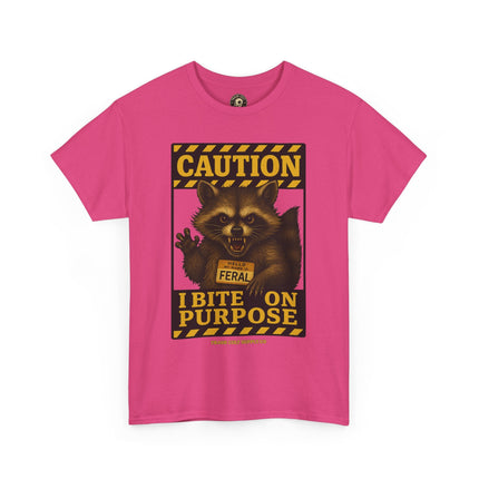 I Bite On Purpose Raccoon Warning T-Shirt – Caution Sign Style | Trash Cult Supply Co | Gildan 5000