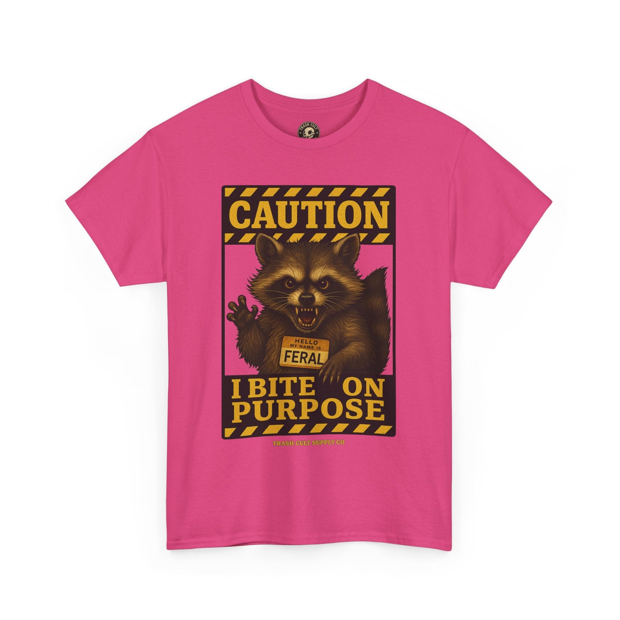 I Bite On Purpose Raccoon Warning T-Shirt – Caution Sign Style | Trash Cult Supply Co | Gildan 5000
