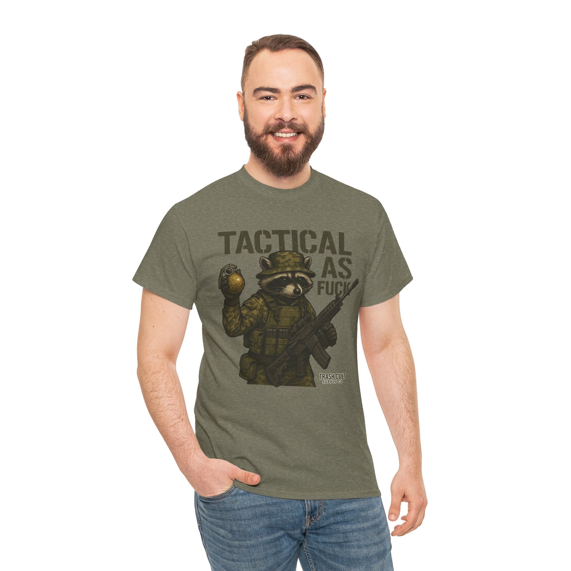Tactical As F*** T-Shirt – Armed Raccoon Military Humor Tee | Trash Cult Supply Co. | Gildan 5000 Heavy Cotton