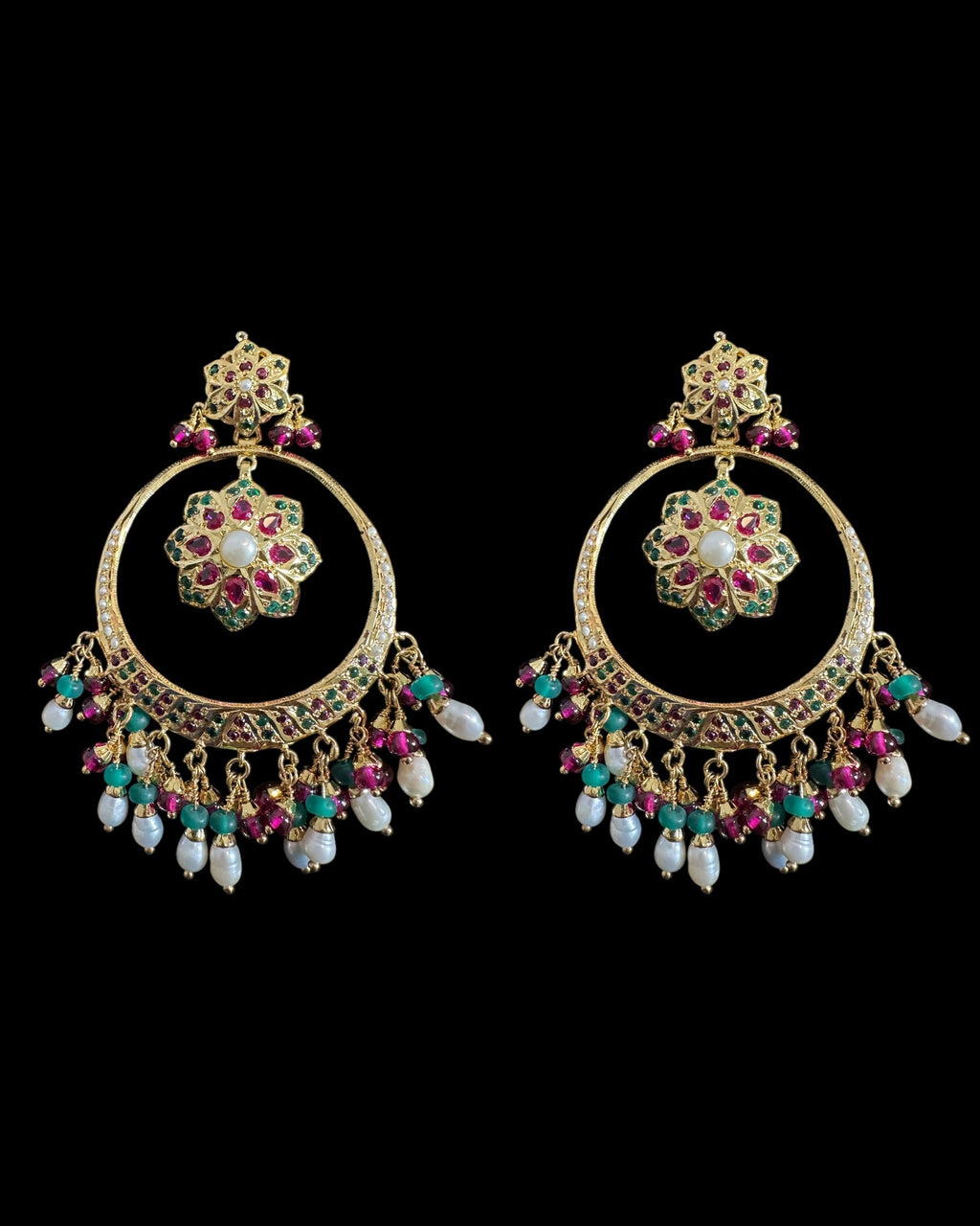 SER21 Ruby emerald pearl gold plated silver chandbali earrings ( READY TO SHIP )