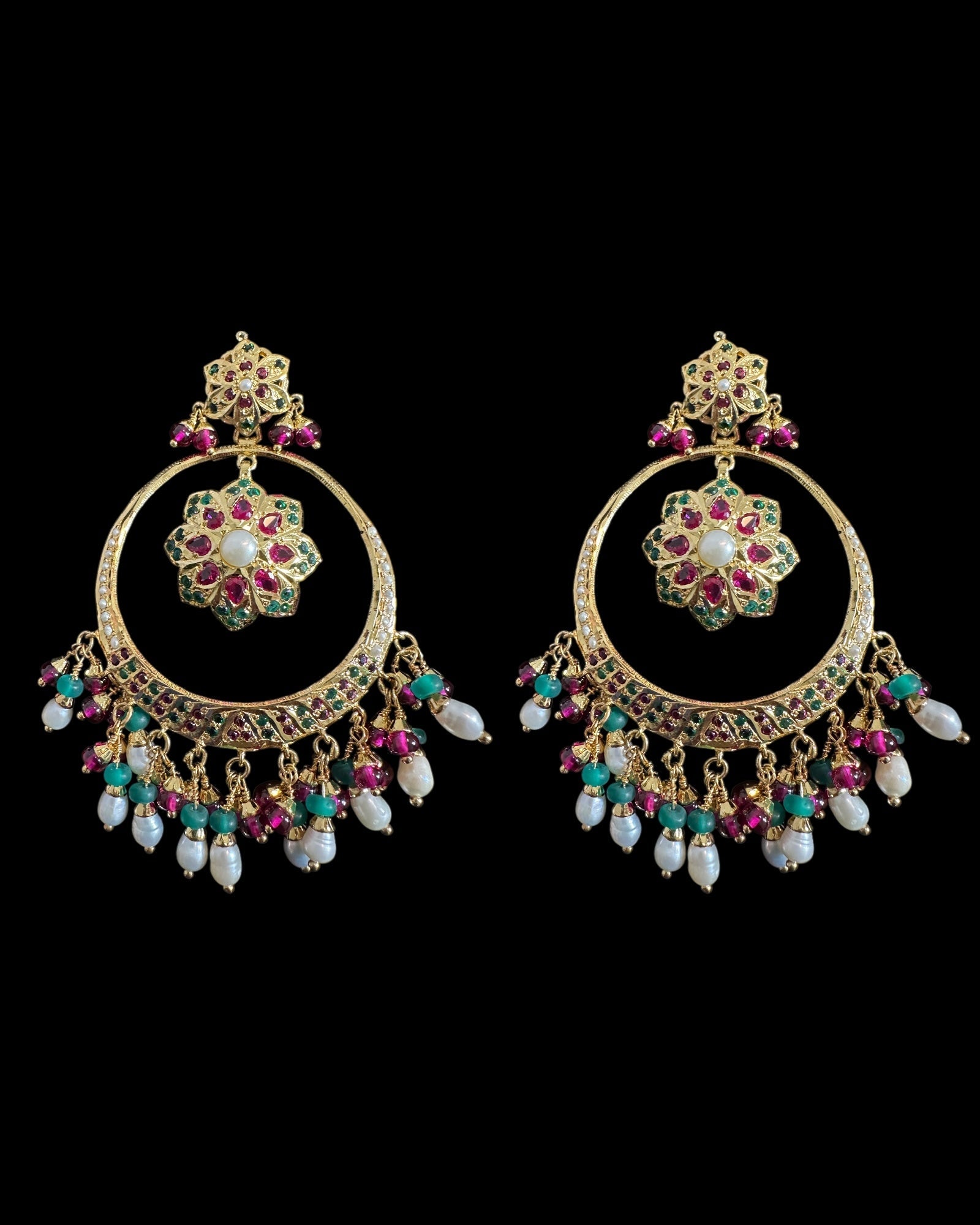 SER21 Ruby emerald pearl gold plated silver chandbali earrings ( READY TO SHIP )