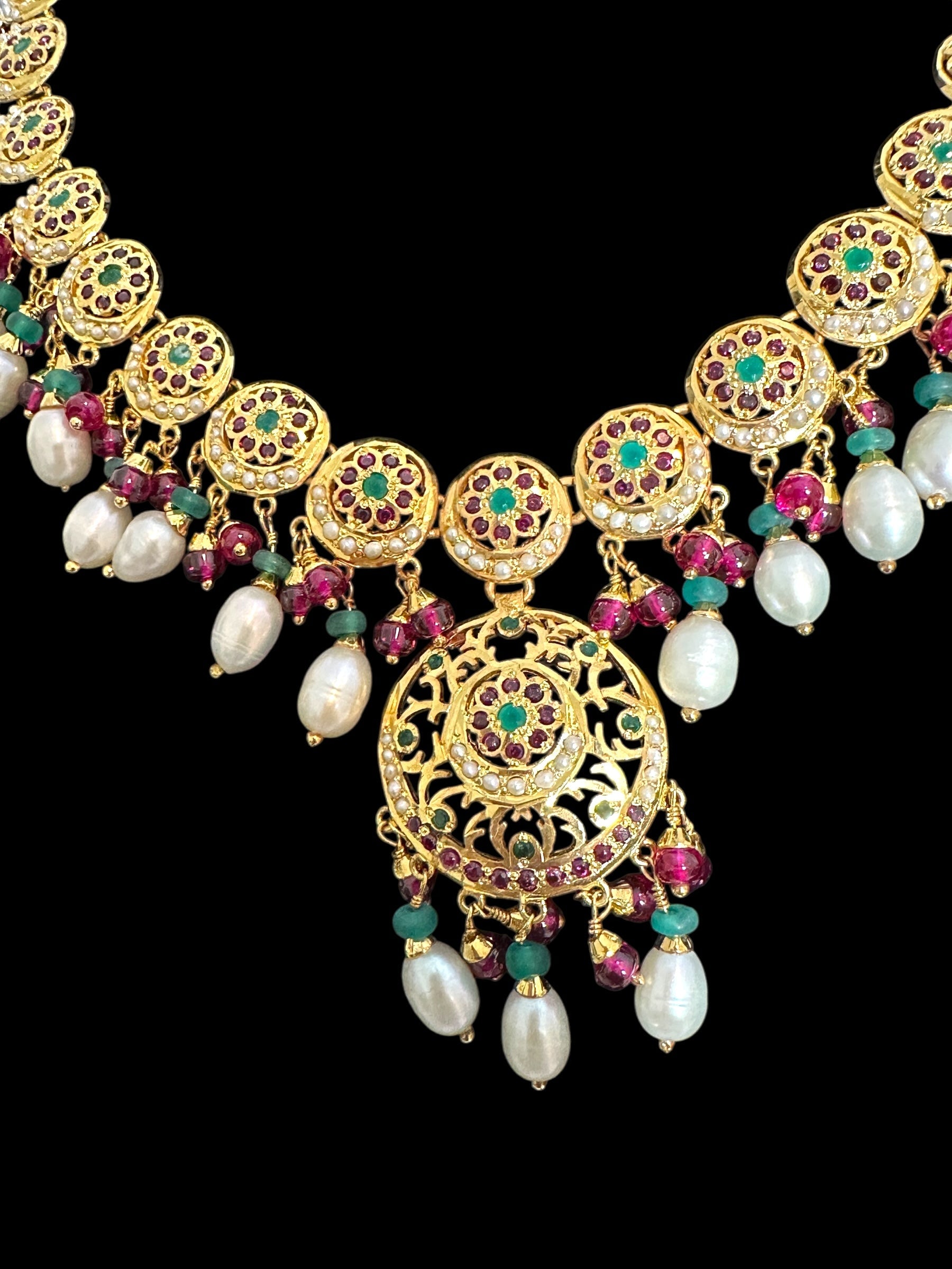 SN20 Ruby emerald pearl necklace with earrings|92.5silver gold plated ( READY TO SHIP )