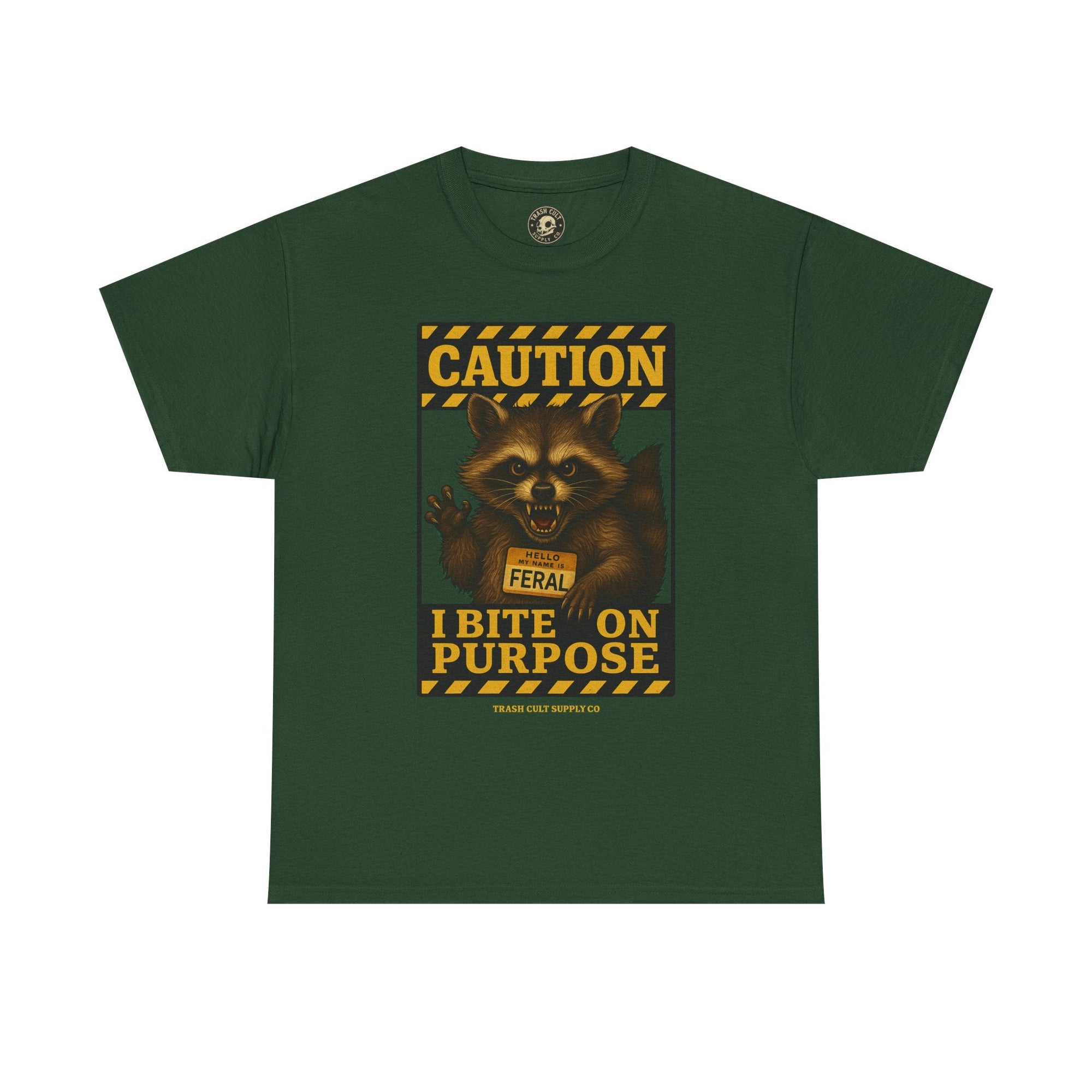 I Bite On Purpose Raccoon Warning T-Shirt – Caution Sign Style | Trash Cult Supply Co | Gildan 5000