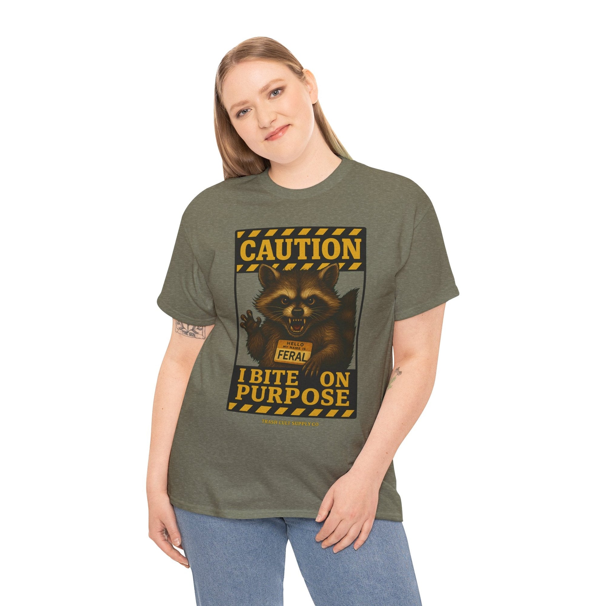 I Bite On Purpose Raccoon Warning T-Shirt – Caution Sign Style | Trash Cult Supply Co | Gildan 5000