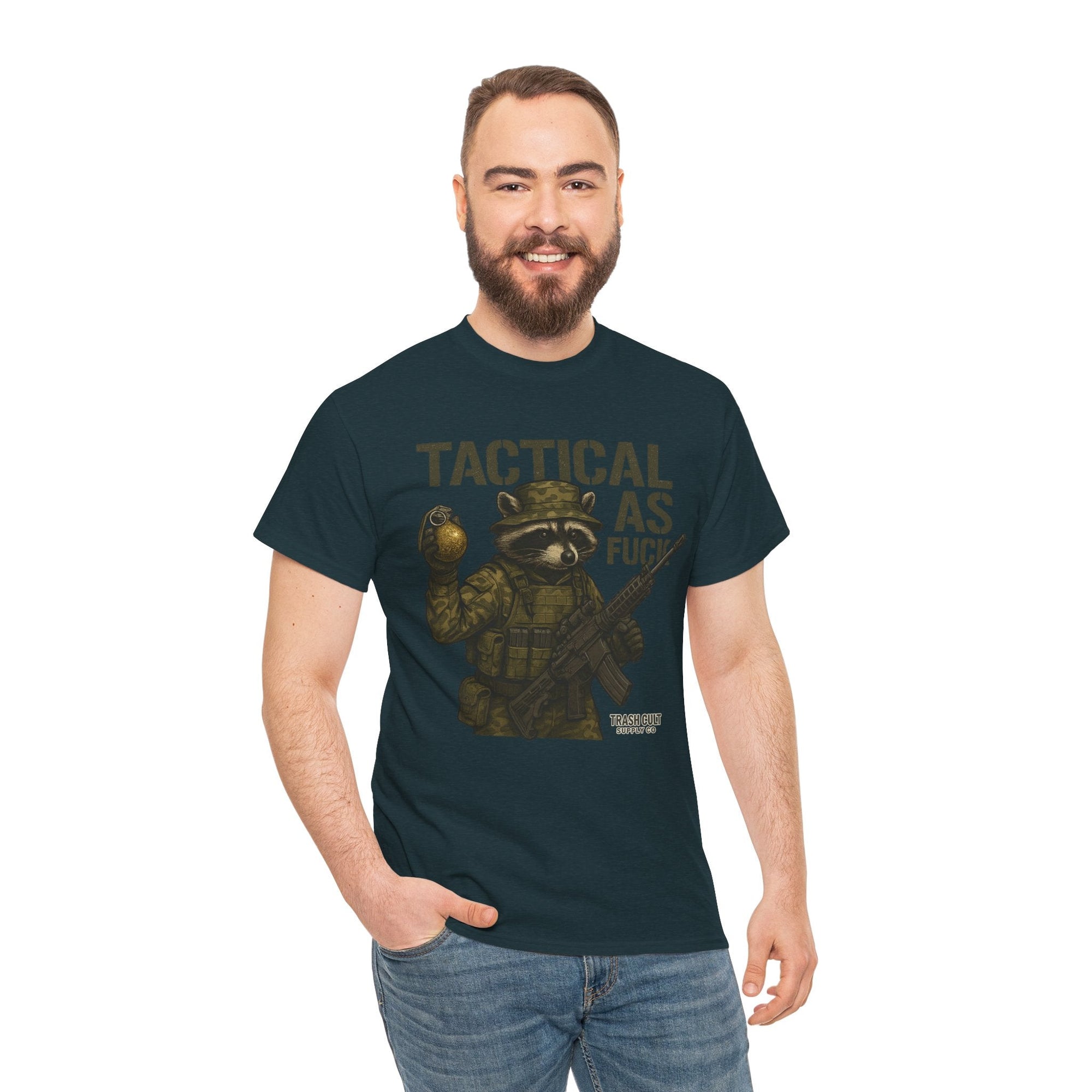 Tactical As F*** T-Shirt – Armed Raccoon Military Humor Tee | Trash Cult Supply Co. | Gildan 5000 Heavy Cotton