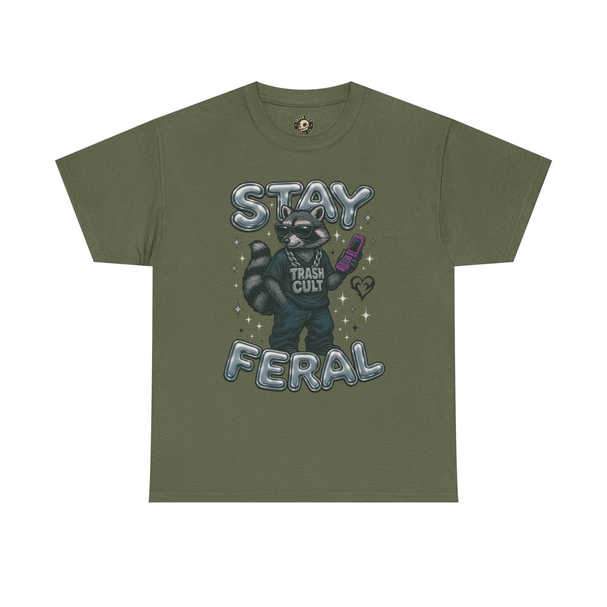 Stay Feral Chrome Raccoon Tee – Y2K Streetwear Trash Cult Shirt