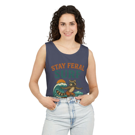 Stay Feral Surf Tank Top – Retro Raccoon Beach Tank – Trash Cult Supply Co – Comfort Colors 9360