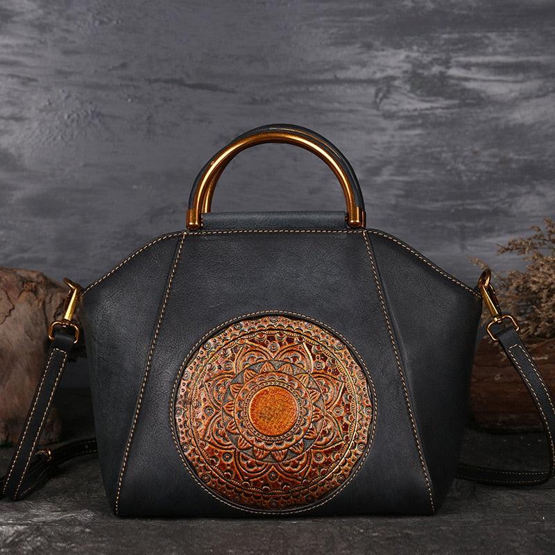 Mandala Embossed Leather Shoulder Bag