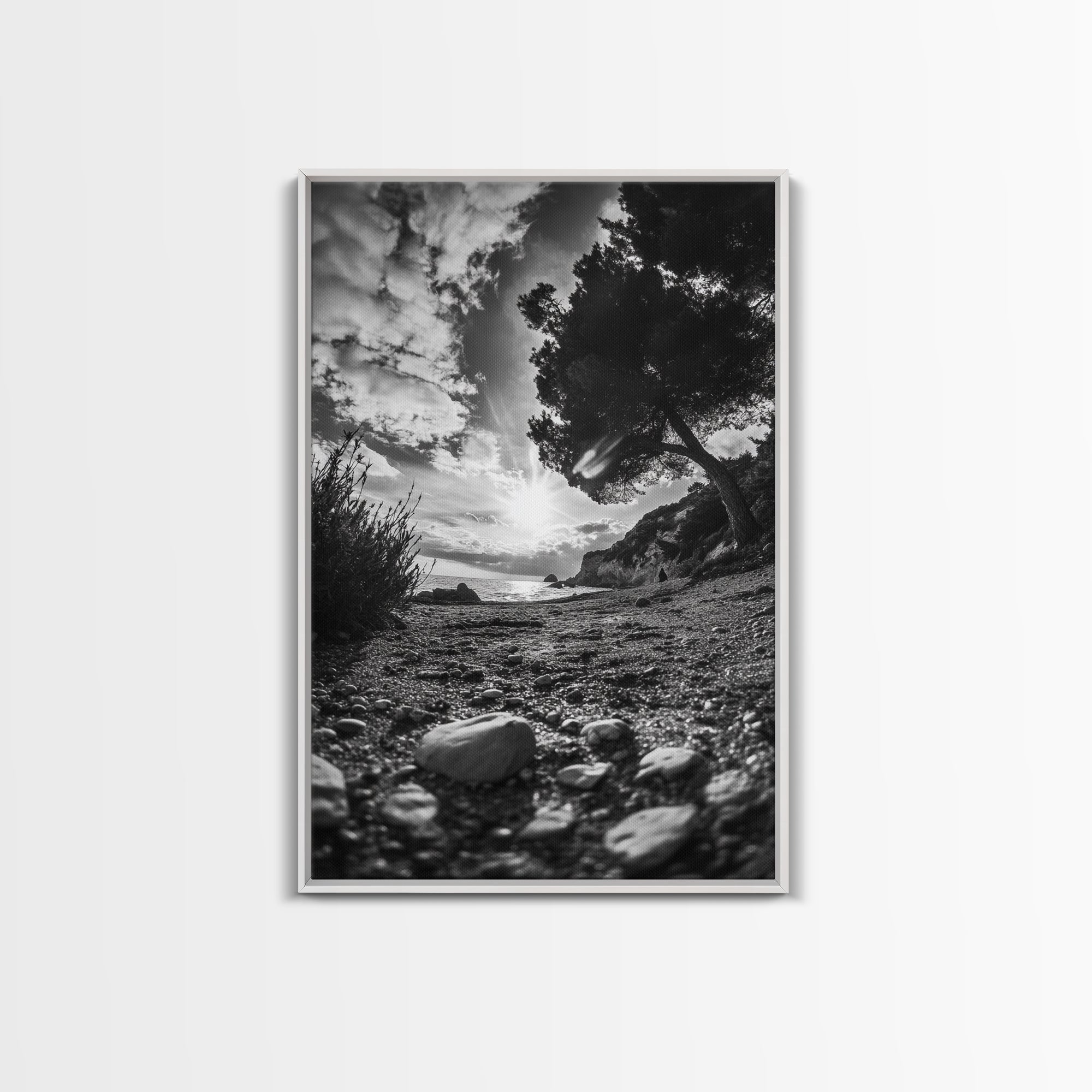 Sunset Beach View, Wide Angle Perspective, Nature Shoreline, Monochrome Landscape, Framed Canvas Print, Hallway Wall Art, Beach Decor