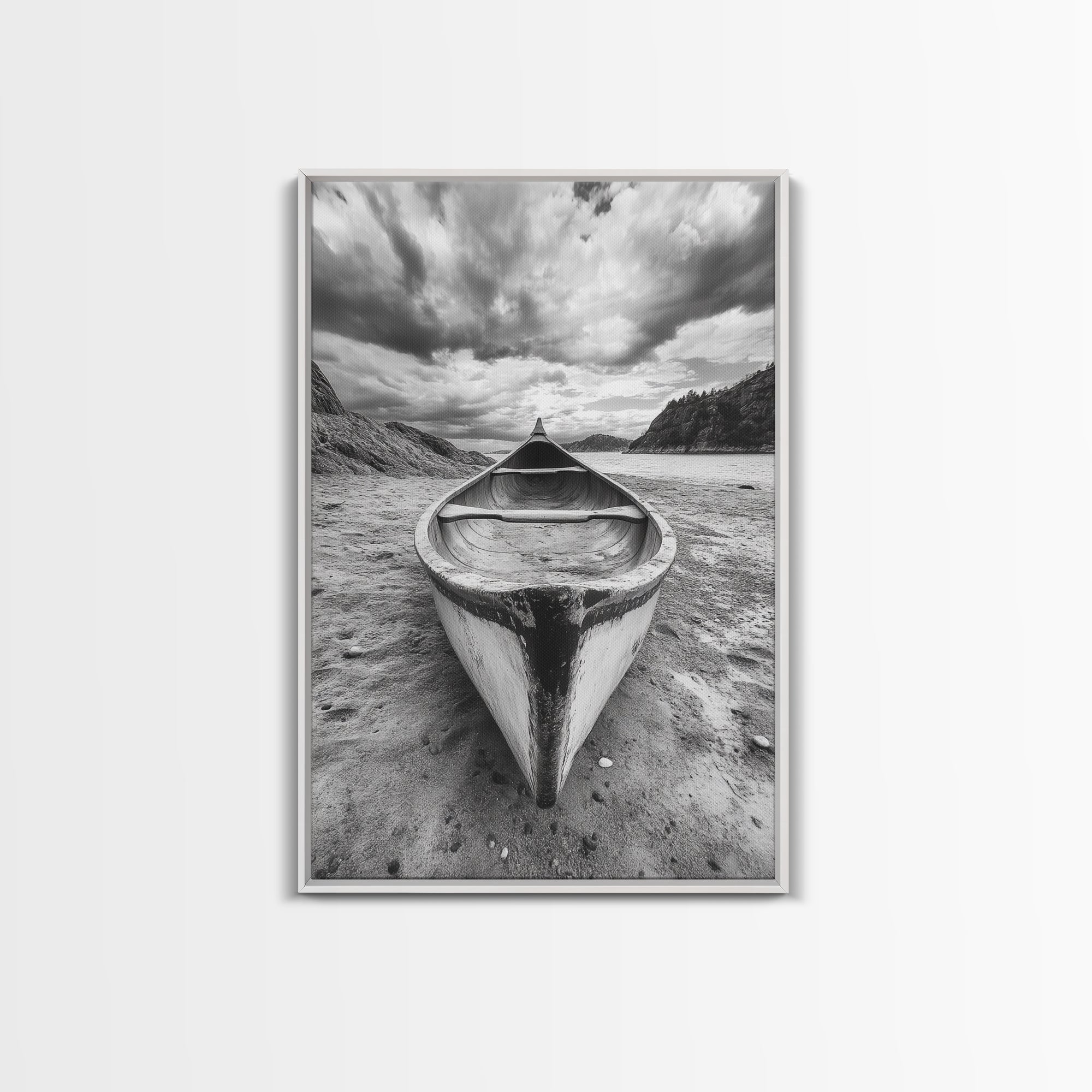 Canoe, Shoreline, Dramatic, Sky - canoe landscape Canvas Print, rustic wall art, entryway decor, nature photography, monochrome mountain