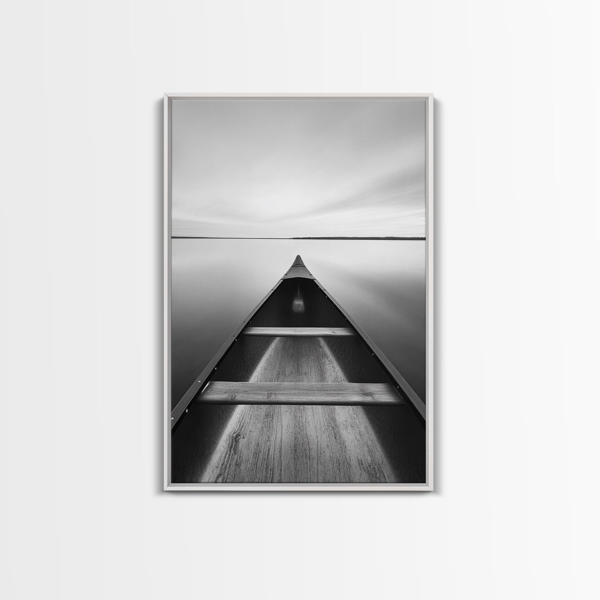Canoe, Lake, Calm, Horizon - Minimalist lake paddle scene, Framed Canvas Print, peaceful home office art, Scandinavian decor, wilderness print