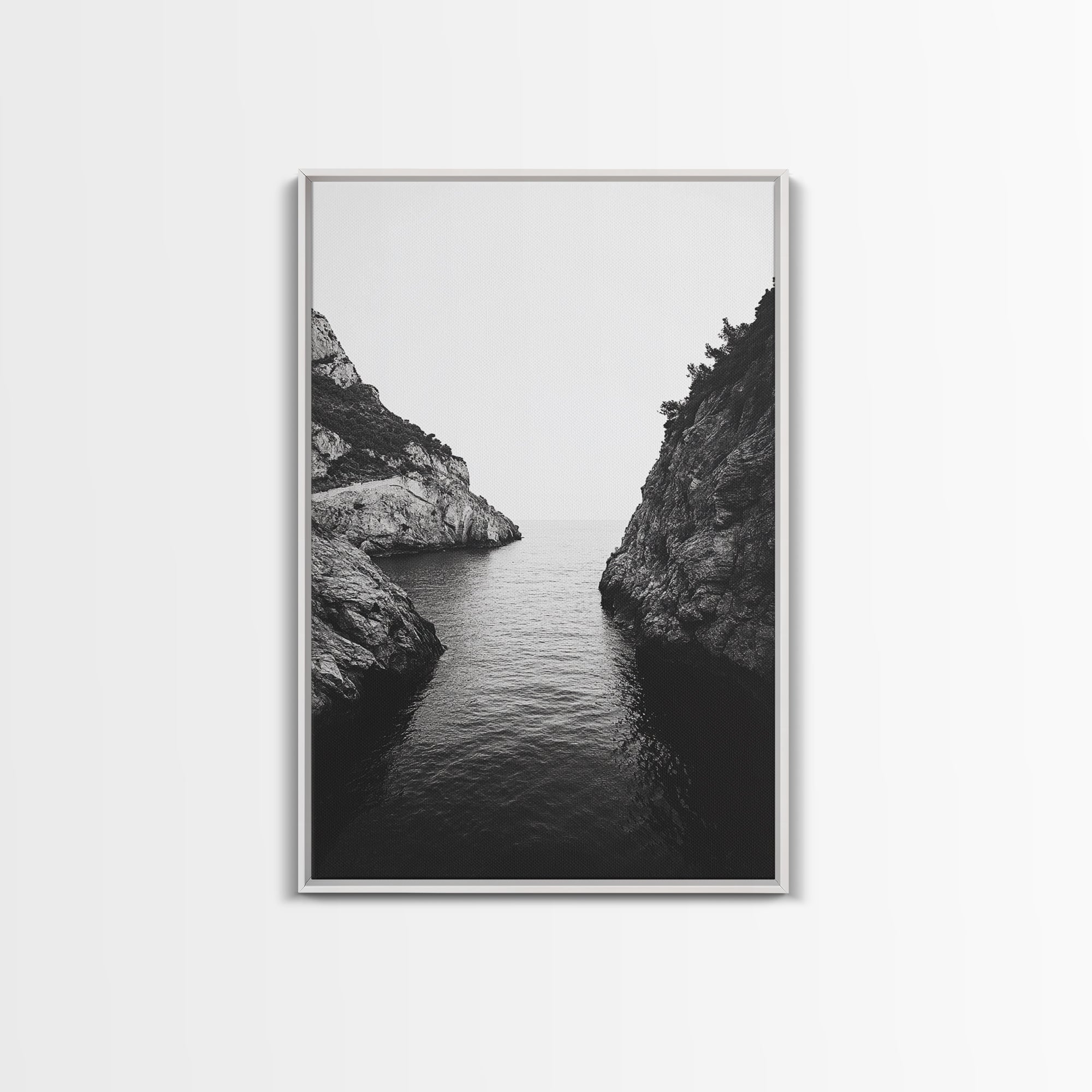 Cliffs, Ocean, Channel, Serenity - Dramatic rocky inlet view, Framed Canvas Print, ideal bathroom or hallway wall art, nature lover minimalist