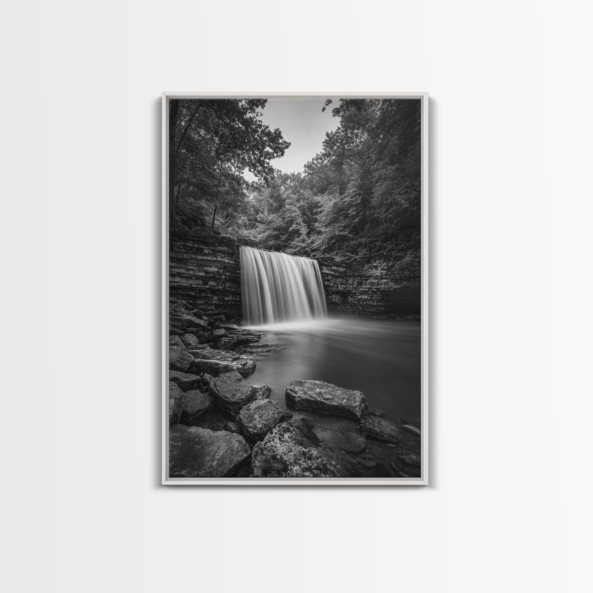 Waterfall Serenity, Nature Escape, River Rock Flow, Bedroom Wall Decor, Framed Canvas Print, Modern Rustic Forest Wall Art