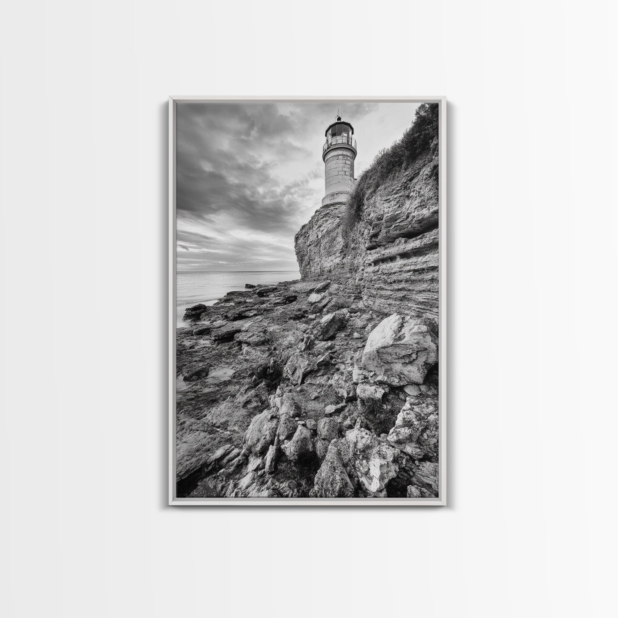 Lighthouse Beacon, Rocky Shoreline, Nautical Coastal Scene, Framed Canvas Print, Ocean View Art, Seaside Living Room Wall Decor