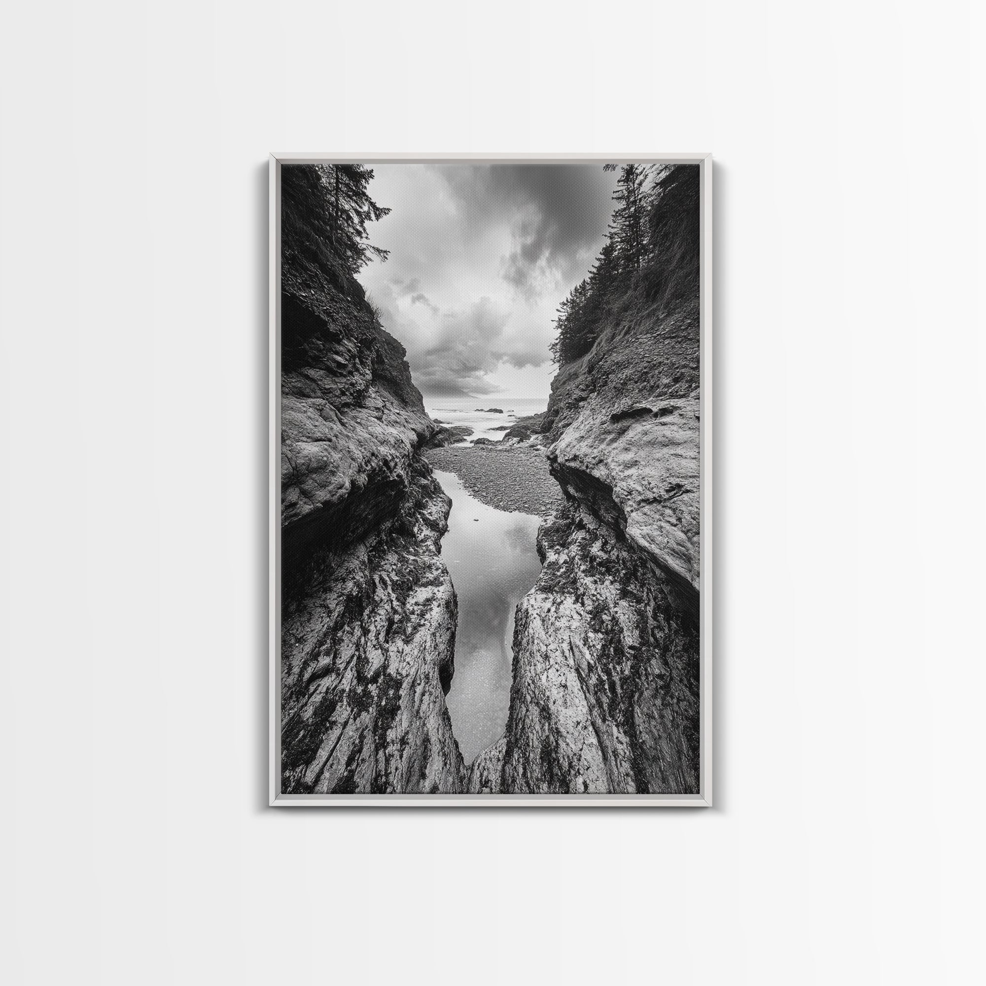 Ocean Ravine, Rugged Coastline, Pacific Wilderness, Stormy Seascape, Framed Canvas Print, Adventure Wall Art, Nature Home Decor