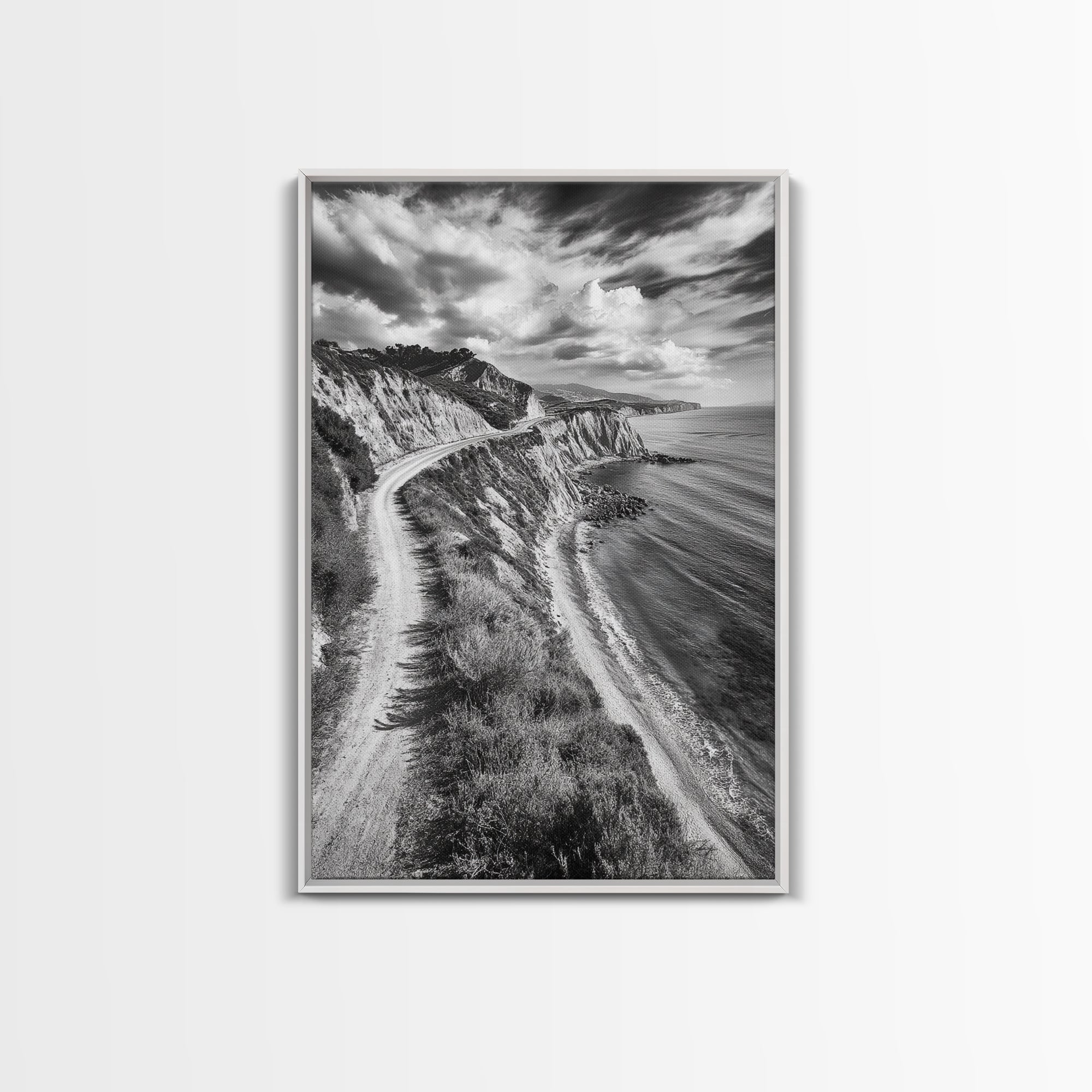 Coastal Mountain Trail, Ocean View, Travel Photography, Framed Canvas Print, Scenic Landscape Art, Office or Hallway Wall Art