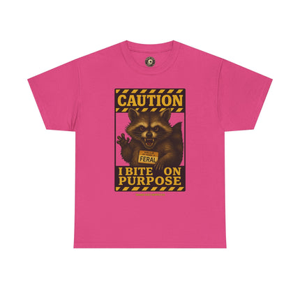 I Bite On Purpose Raccoon Warning T-Shirt – Caution Sign Style | Trash Cult Supply Co | Gildan 5000