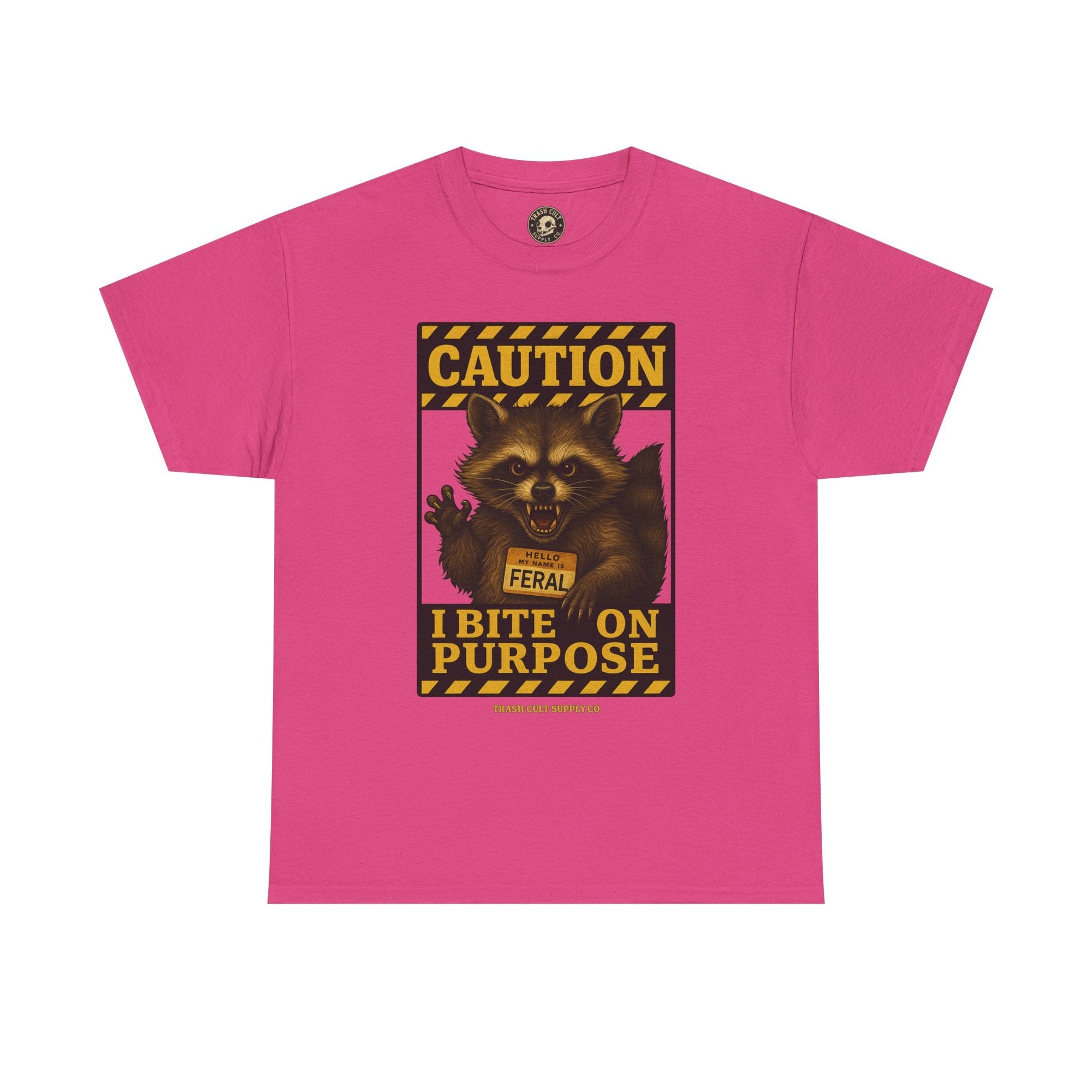 I Bite On Purpose Raccoon Warning T-Shirt – Caution Sign Style | Trash Cult Supply Co | Gildan 5000