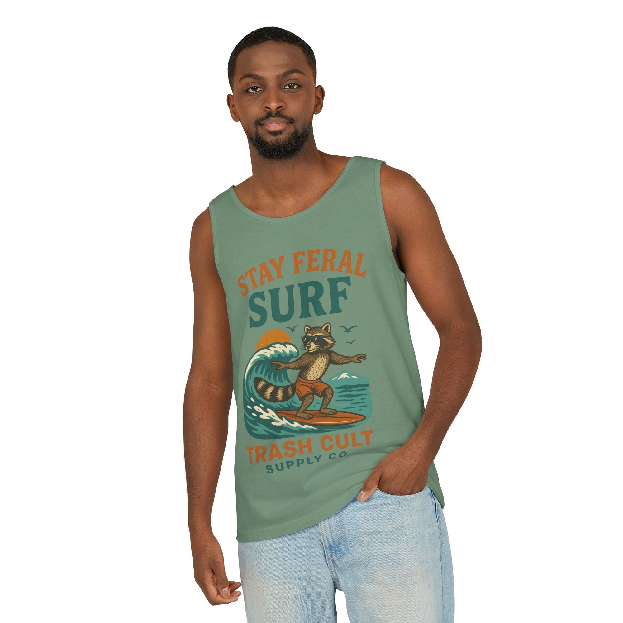 Stay Feral Surf Tank Top – Retro Raccoon Beach Tank – Trash Cult Supply Co – Comfort Colors 9360