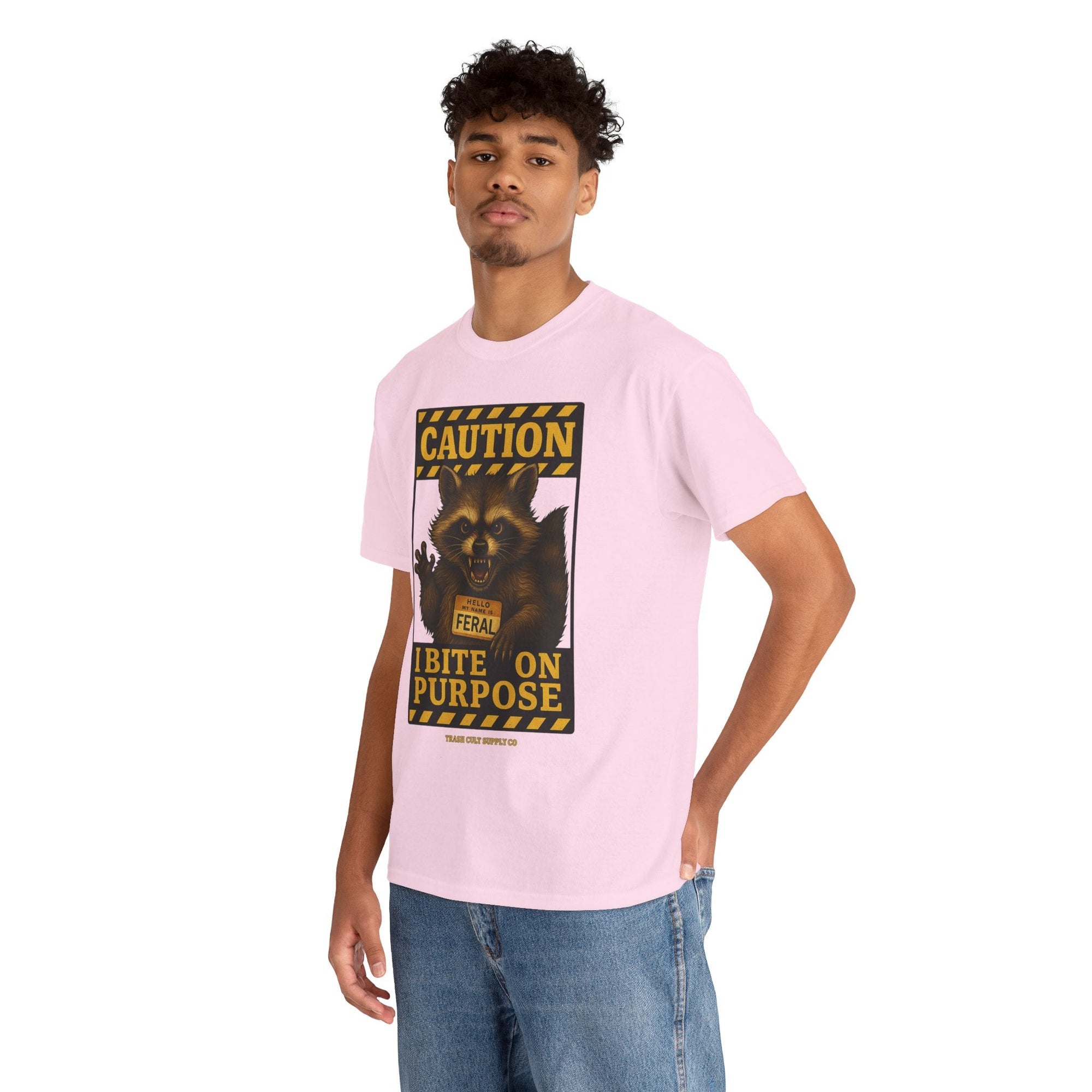 I Bite On Purpose Raccoon Warning T-Shirt – Caution Sign Style | Trash Cult Supply Co | Gildan 5000