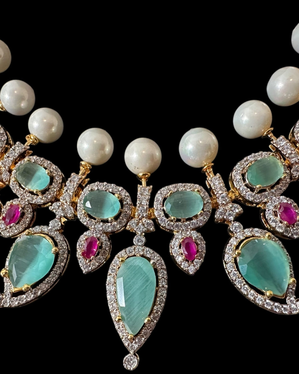 BR461  Anmol necklace set in Mint , rubies and pearls ( SHIPS IN 5 WEEKS)