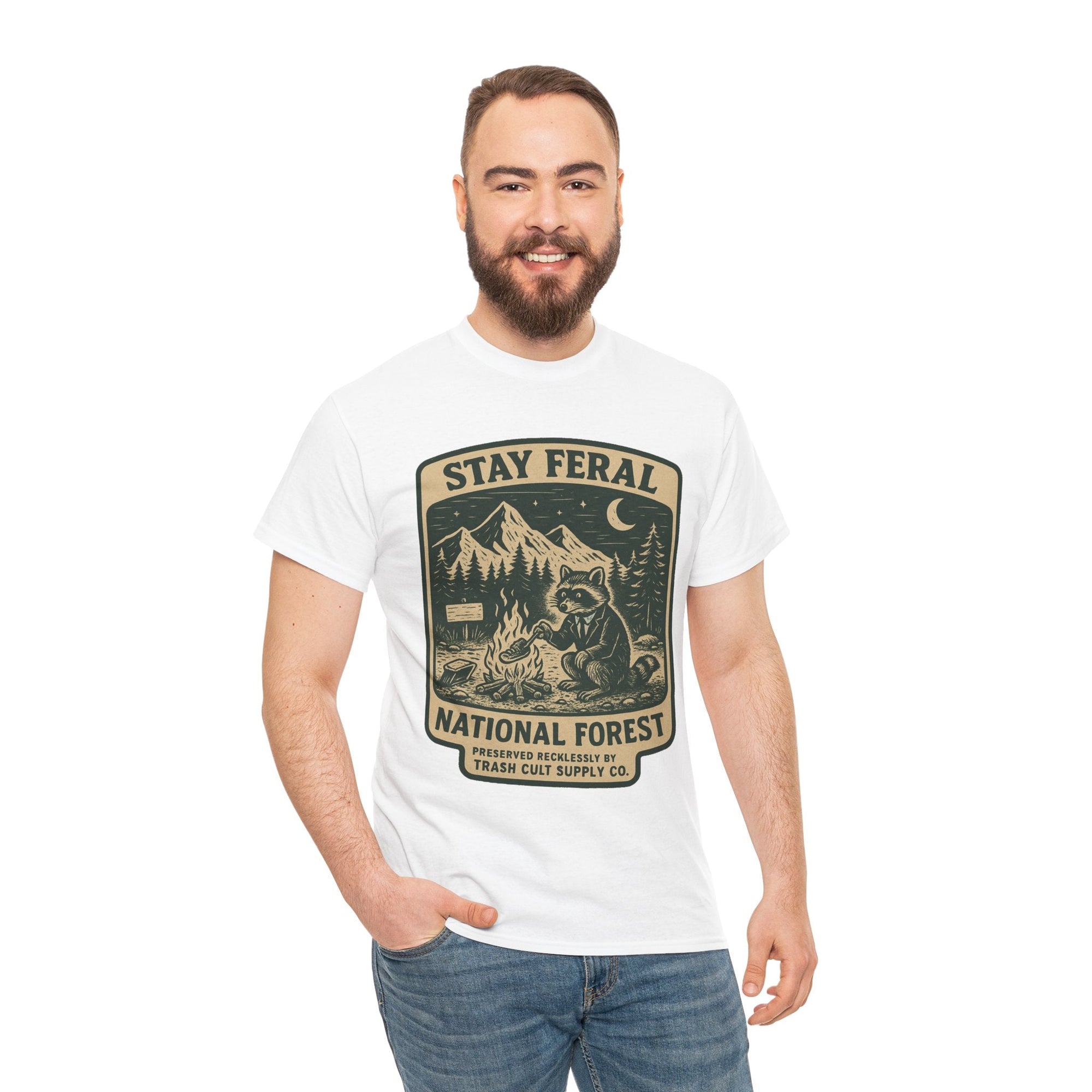 Stay Feral National Forest Shirt – Vintage Raccoon Camping Tee – Trash Cult Supply Co – Gildan 5000
