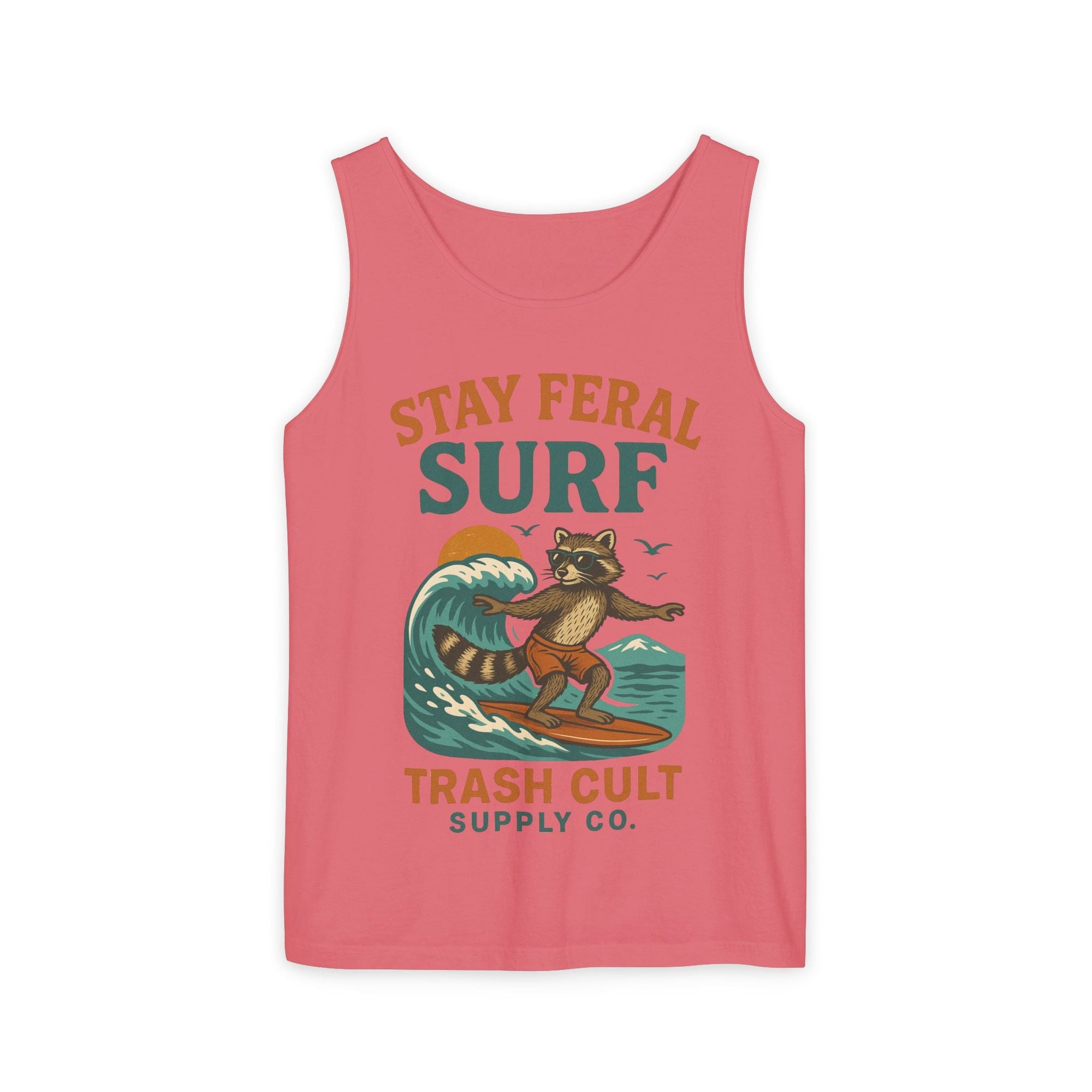 Stay Feral Surf Tank Top – Retro Raccoon Beach Tank – Trash Cult Supply Co – Comfort Colors 9360