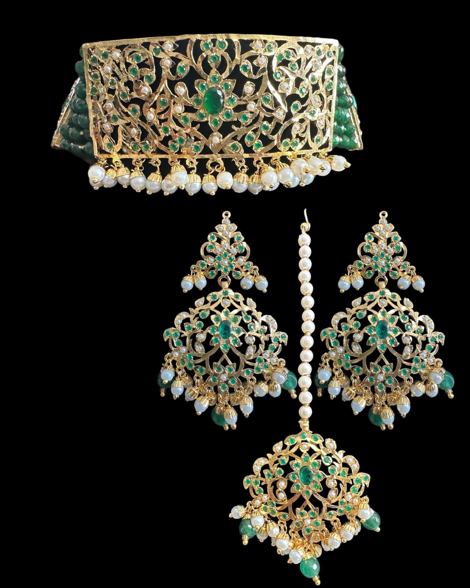 C568 Gold plated jadau choker in emerald pearls ( READY TO SHIP )