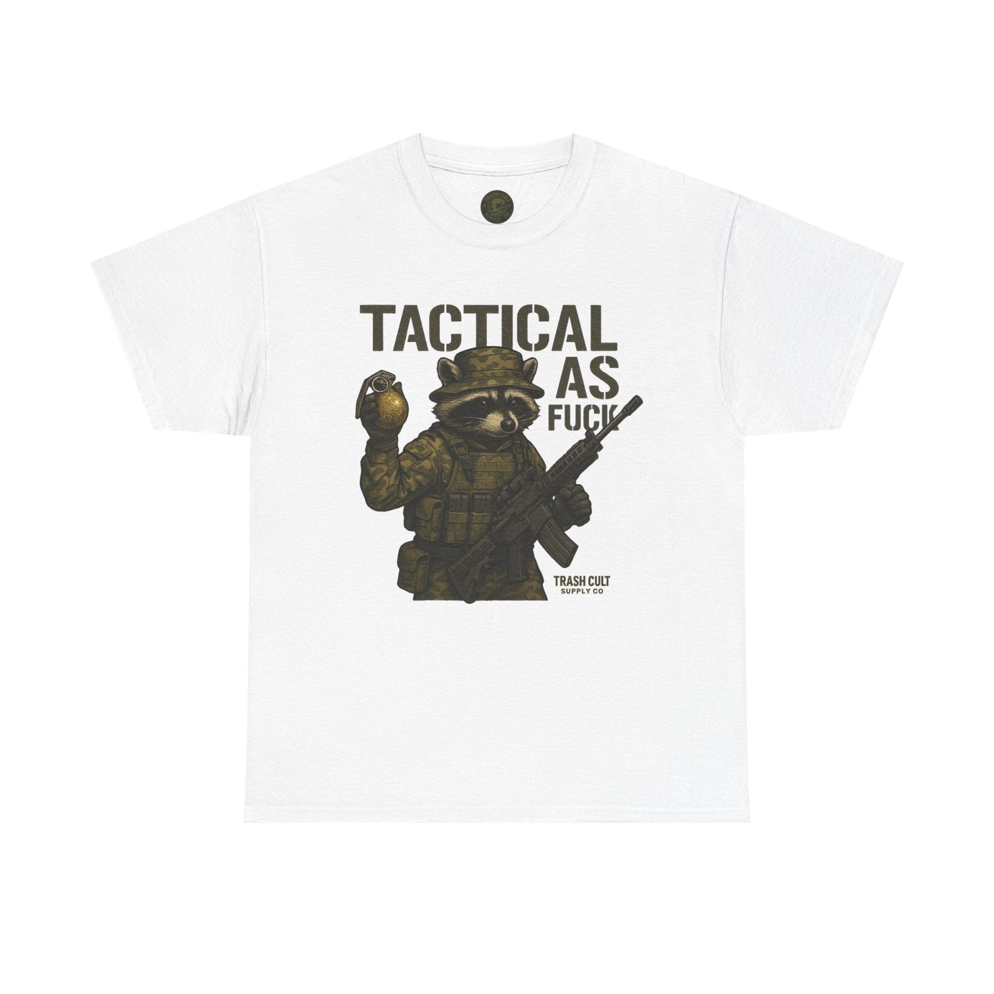 Tactical As F*** T-Shirt – Armed Raccoon Military Humor Tee | Trash Cult Supply Co. | Gildan 5000 Heavy Cotton